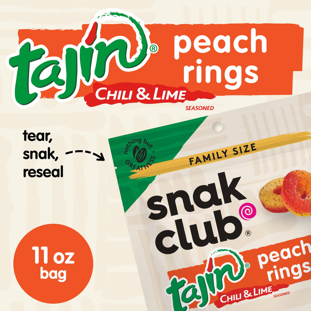 Snak Club Tajin Mango Rings Gummy Candy, Fruit Candy Gummies with Chili and Lime Seasoning, Mild, Gluten-Free and Vegan Snacks, 11 oz Resealable Bag