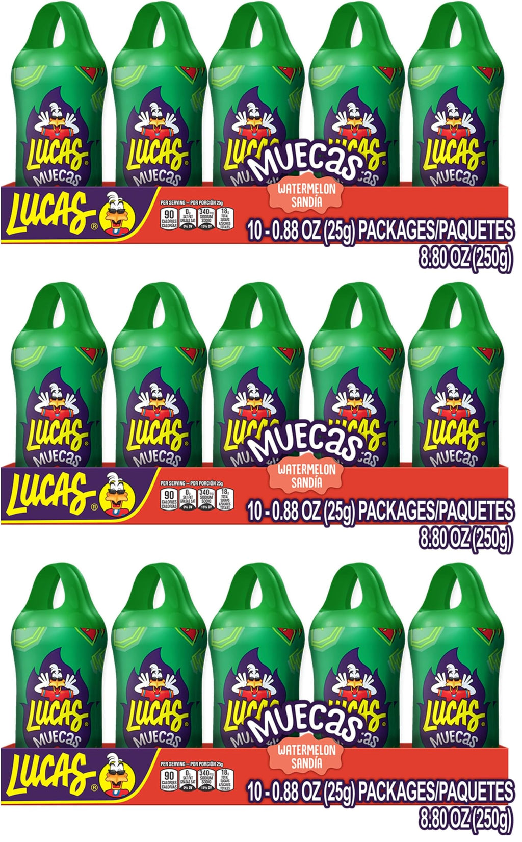 Lucas Muecas Lollipop Watermelon Flavor Candy, 0.96oz - 10 Pieces Pack for Treats, Snack, Parties, Piñatas