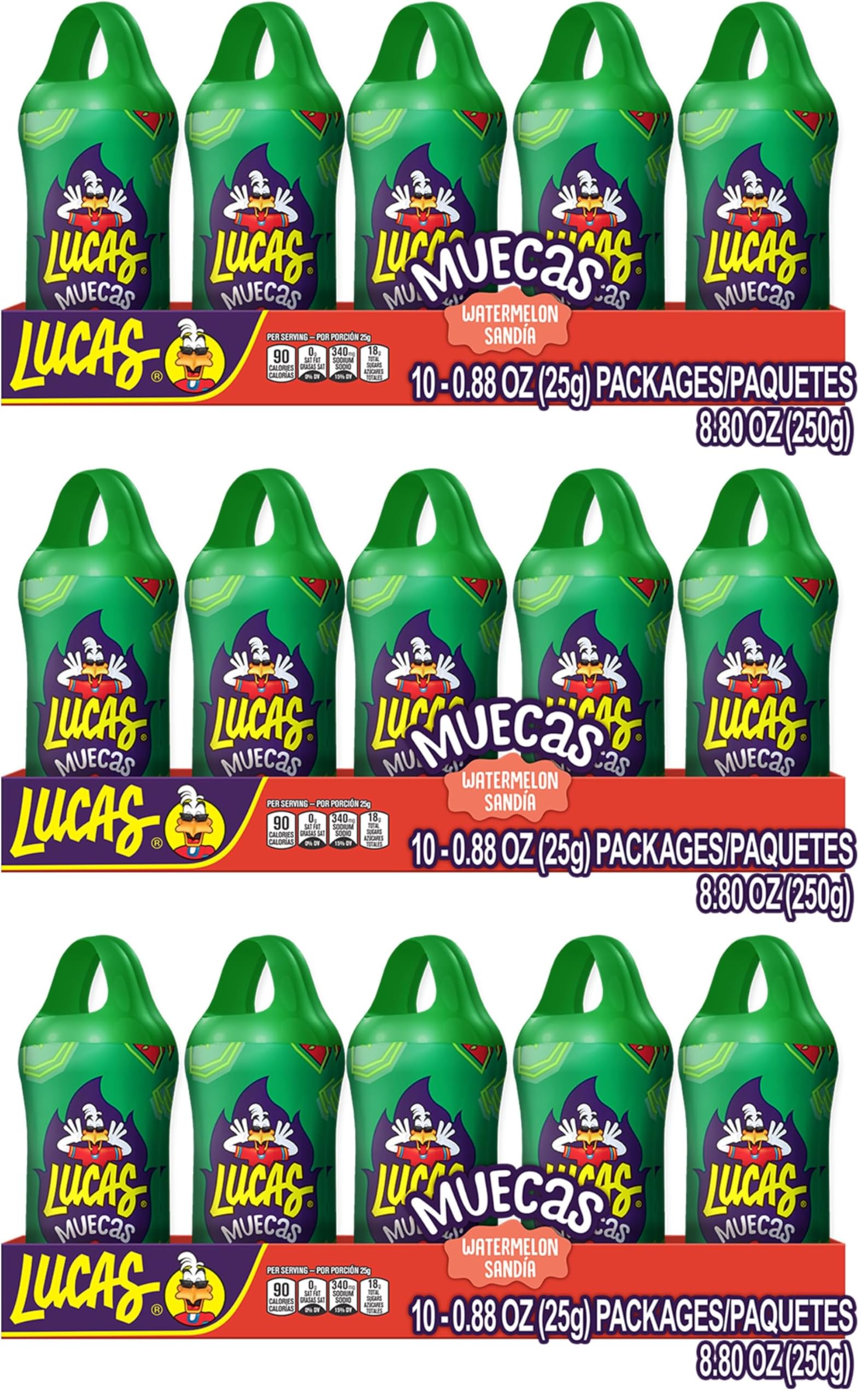 Lucas Muecas Lollipop Watermelon Flavor Candy, 0.96oz - 10 Pieces Pack for Treats, Snack, Parties, Piñatas