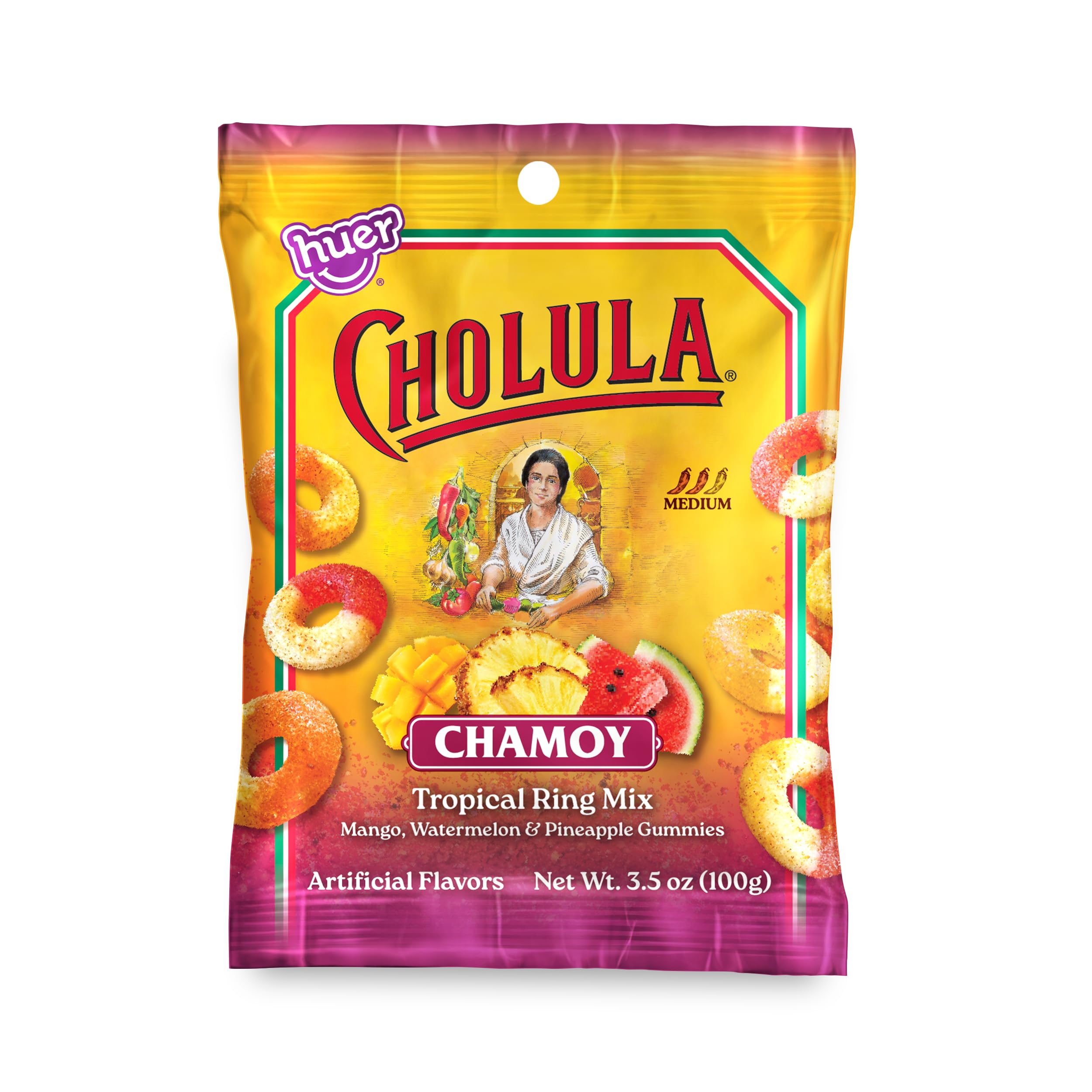 Huer – Cholula Chamoy Tropical Gummy Rings – Sweet & Spicy Mango, Watermelon & Pineapple Candy with Cholula Twist – 5oz Bag (Pack of 2)