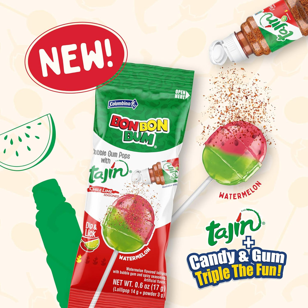 Colombina Bon Bon Bum Tropical Passion Fruit & Watermelon with Tajin Seasoning Chile Lime Dip, 20 Count (Pack of 1)