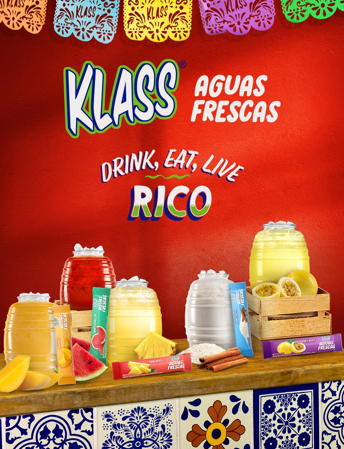 Klass Aguas Frescas, Powdered Drink Mix Variety Pack, 44 Singles Zero Sugar & Caffeine-Free Powder Packets, Water Drink Mix, Flavors: Cucumber Limeade Pineapple Tangerine Strawberry Watermelon & Hibiscus Berries - 5 Calories Per Packet & Natural Flavors