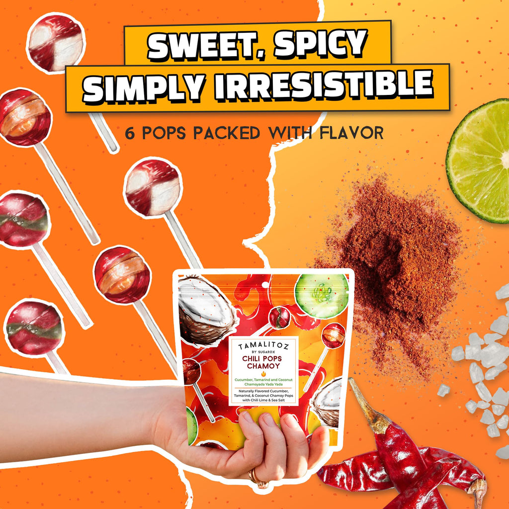 Tamalitoz Chili Pops Chamoy Spicy Mexican Lollipops with Chili, Lime, Sea Salt, Coconut, Tamarind & Cucumber Flavors Fruity Handcrafted Candy, Gluten-Free, Kosher, 2 Bags, (11oz)