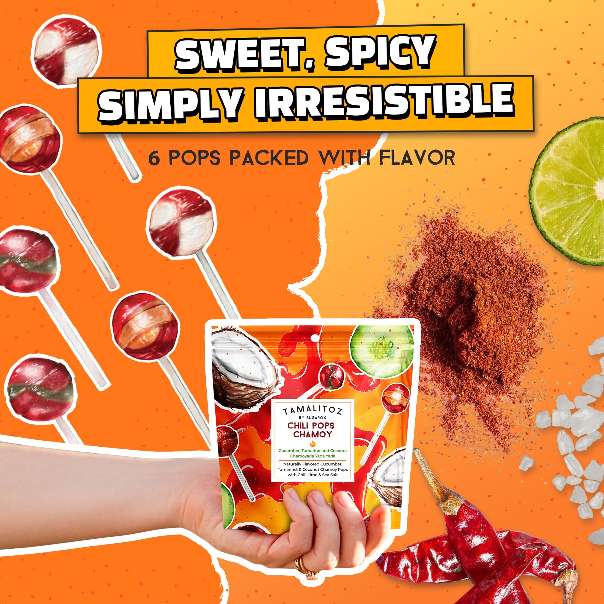 Tamalitoz Chili Pops Chamoy Spicy Mexican Lollipops with Chili, Lime, Sea Salt, Coconut, Tamarind & Cucumber Flavors Fruity Handcrafted Candy, Gluten-Free, Kosher, 2 Bags, (11oz)