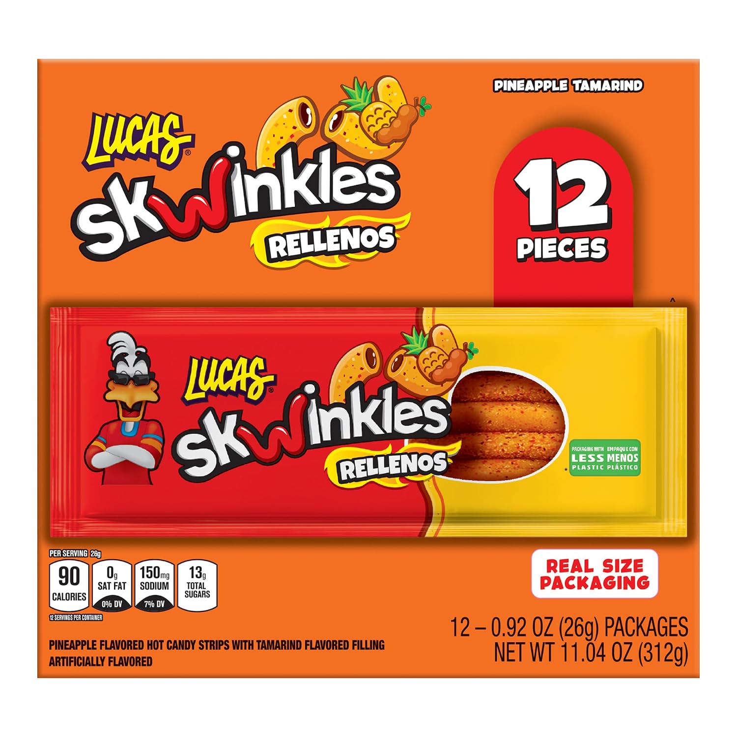 Lucas Skwinkles Pineapple - Tamarind Filled Flavored Sweet & Sour Candy Strips, 0.92oz - 12 Pieces for Treats, Fruit, Parties, Piñatas