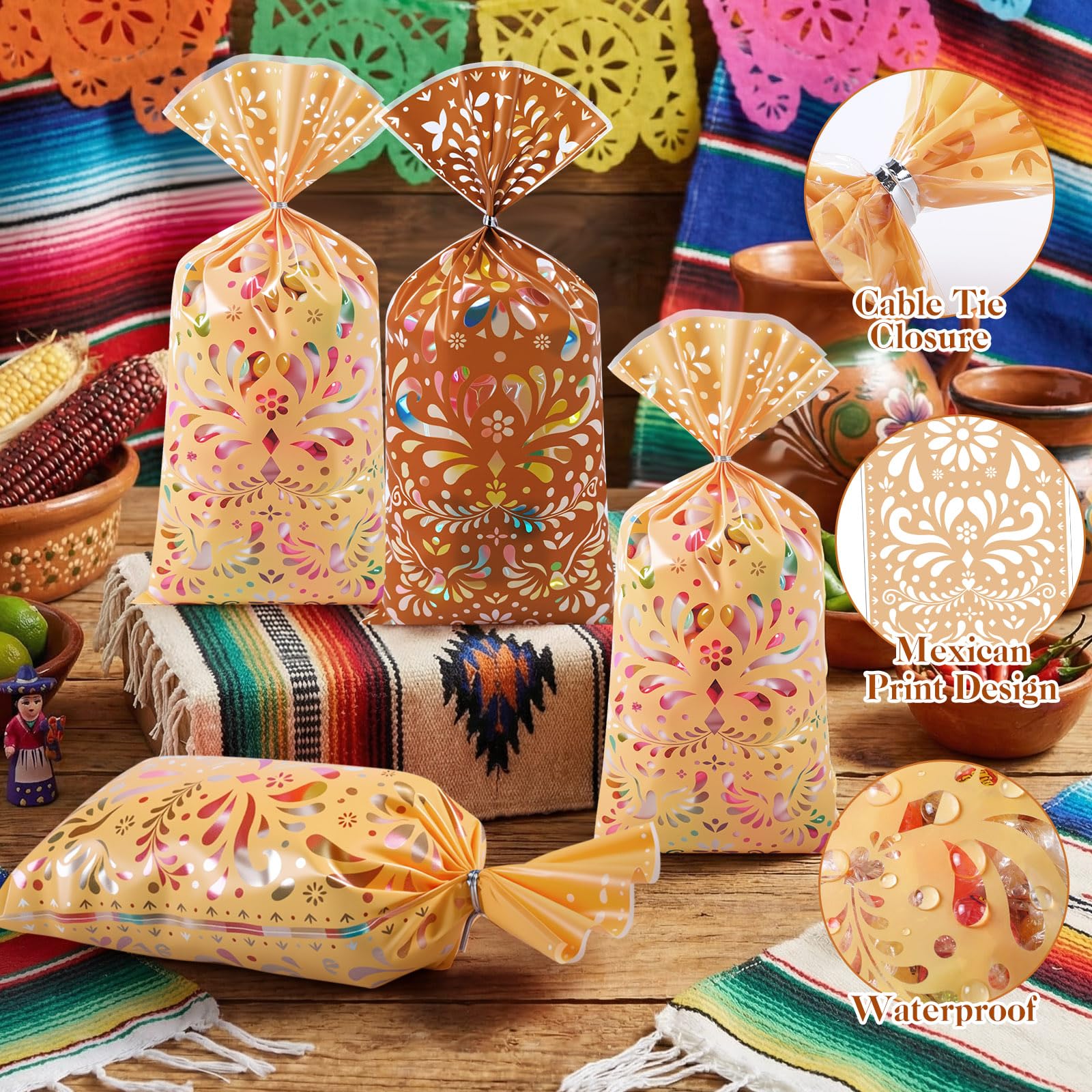 Funrous 100 Pcs Cielito Lindo Candy Bags Mexican Fiesta Gift Bags with Twist Ties Cinco De Mayo Party Favors Barro Candy Sack Talavera Sack for Mexican Wedding Fiesta Party Supplies(Brown Series)