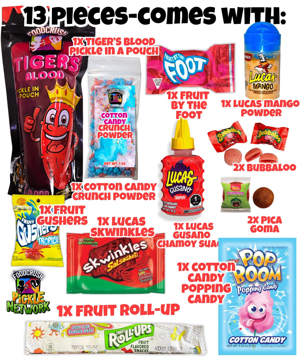 Blue Raspberry Pickle Kit With Takis-Mexican Candy Gift Box From Tiktok Fruit Rollup, Lucas Gusano Chamoy, Lucas Swinkles Salsagheti, Gushers, Mango Candy Powder-Tiktok Trend Item by Food Crush