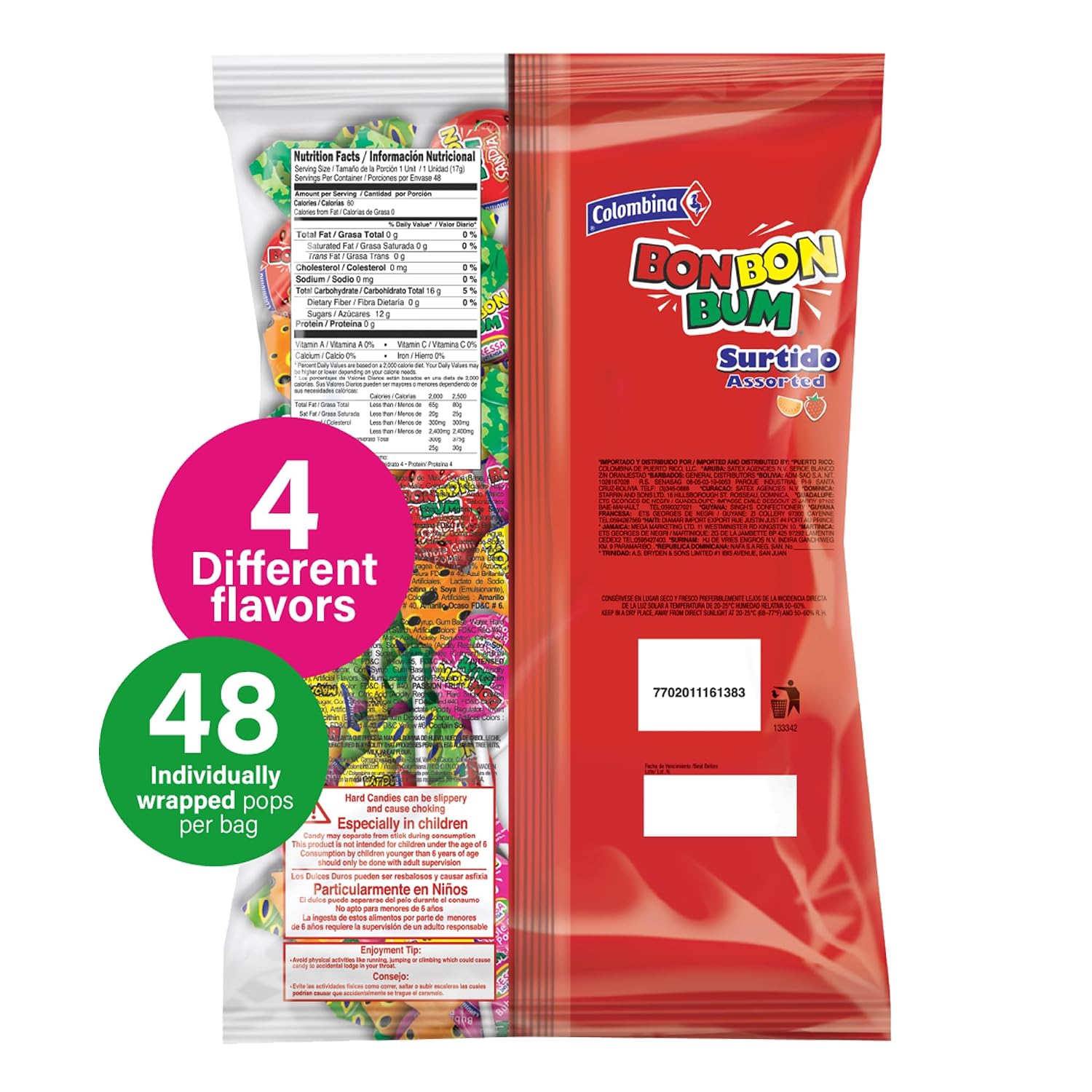 Colombina Bon Bon Bum Passion Fruit Lollipops, Tropical Fruit Hard Candy, Individually Wrapped Candy Pops for Parties, Candy Bowl Refill, Office or Classroom Rewards, 24 Count