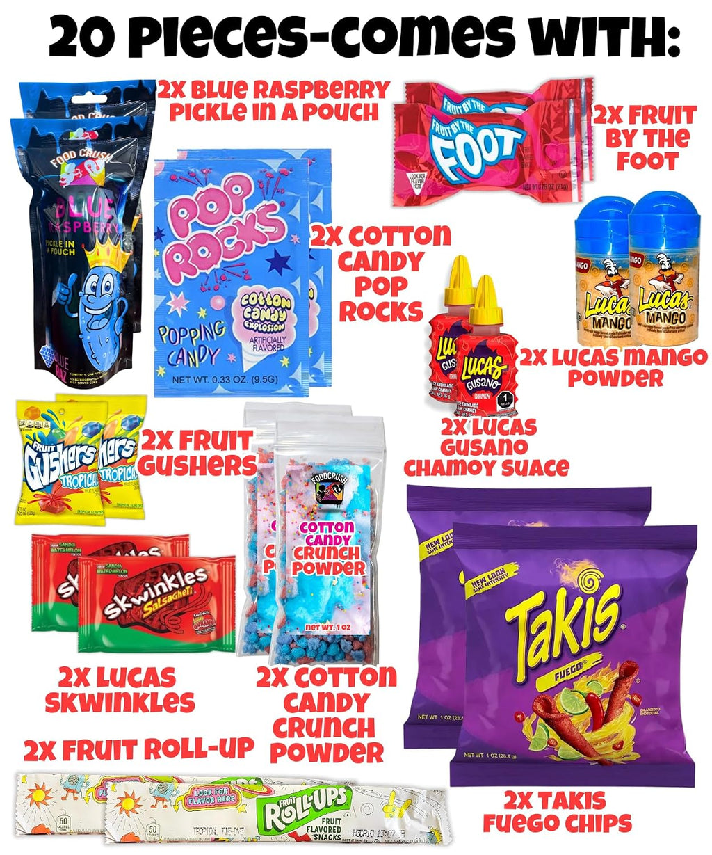 Cotton Candy Pickle Kit For 2 |20 Pieces| 2 X Cotton Candy Crunch, Pop Rocks, Blue Raz Pickles, Lucas Gusano Chamoy, Skwinkles, social media trend items gifts for kids teen girls boys