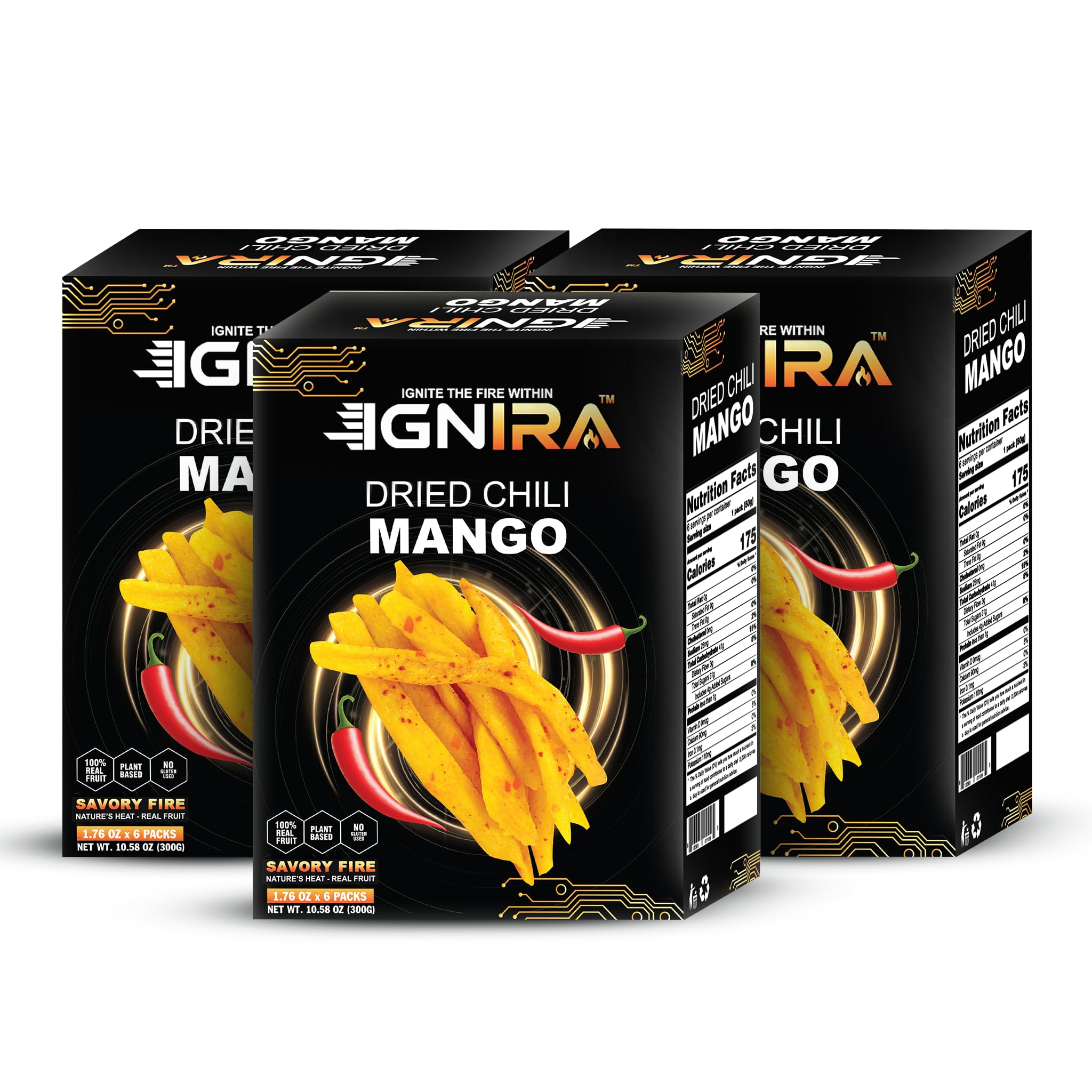IGNIRA Dried Mango with chili, Sweet & Hot Fruit Snack Strips, Dry Chamoy Mangoes Slices, Chili Mangoes Snacks for Office, Gluten-Free, Plant-Based, Real Fruit, 3 Boxes (6 Packs x3, 1.76 oz Each)