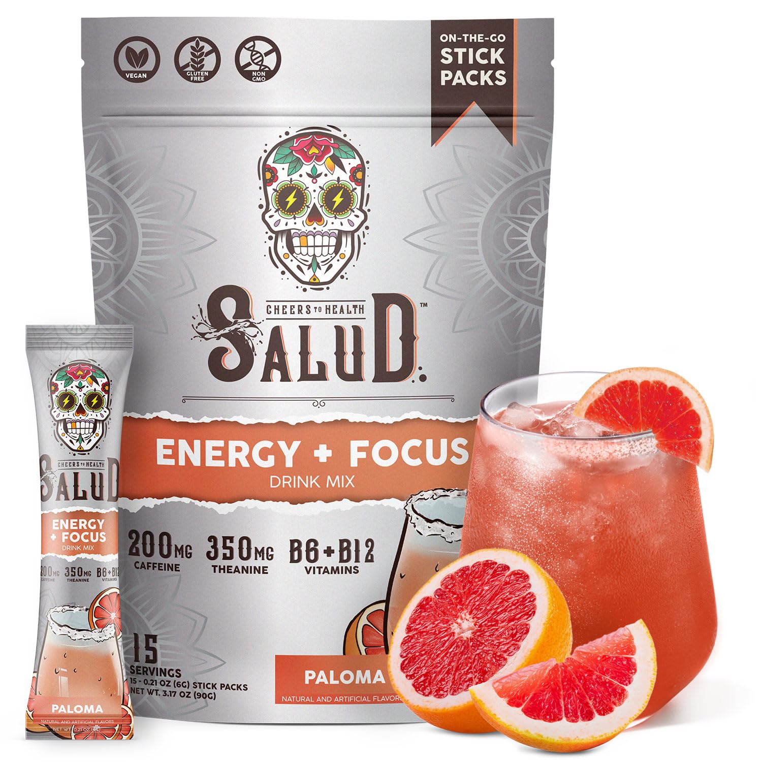 Salud x Jarritos 2-in-1 Energy Drink Powder + Focus, Lime, Organic Caffeine, B6 + B12, Theanine, Clean Energy Drink Packets, Limon Agua Fresca Mix, Non-GMO, Gluten Free, 1g of Sugar, (15 Servings)