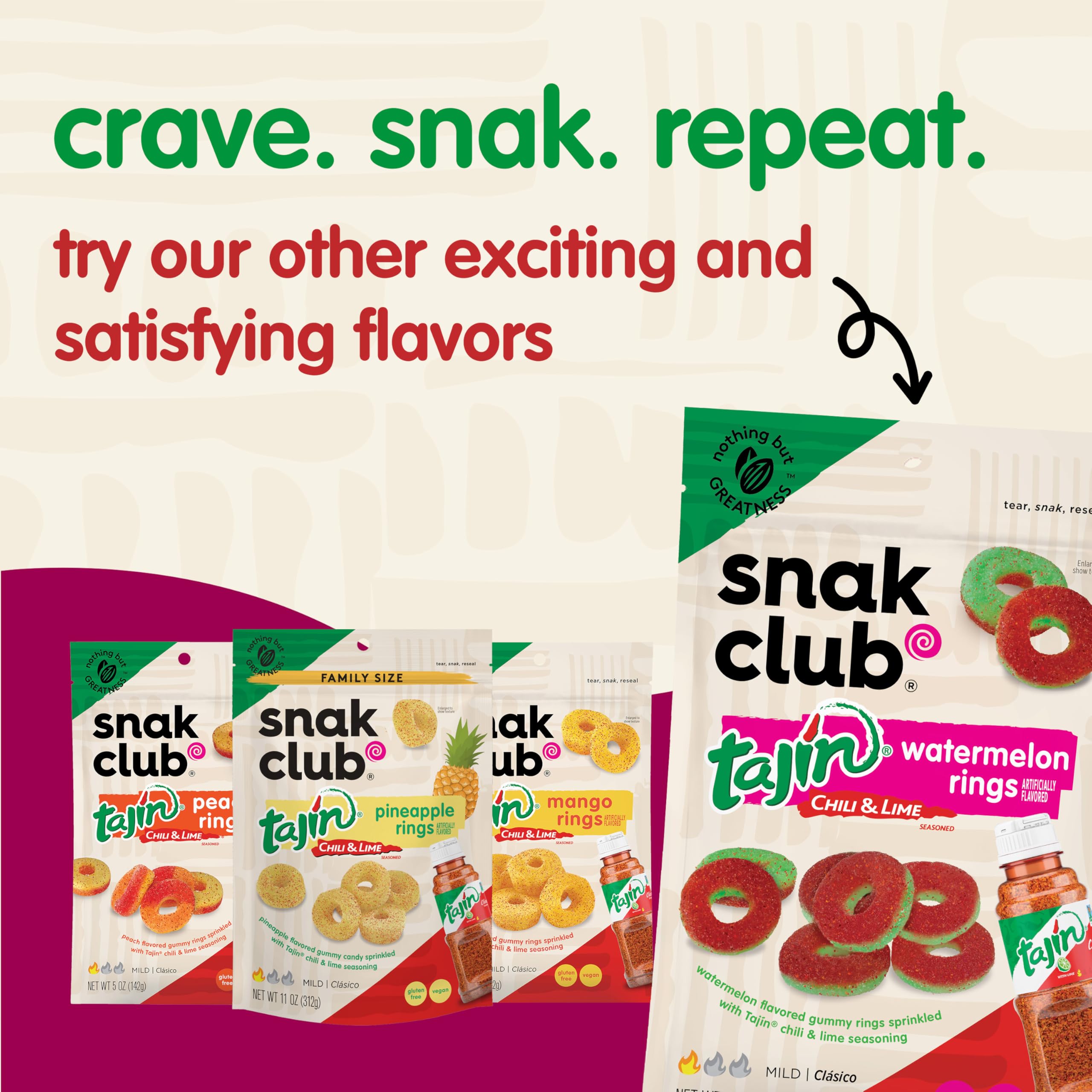 Snak Club Tajin Mango Rings Gummy Candy, Fruit Candy Gummies with Chili and Lime Seasoning, Mild, Gluten-Free and Vegan Snacks, 11 oz Resealable Bag