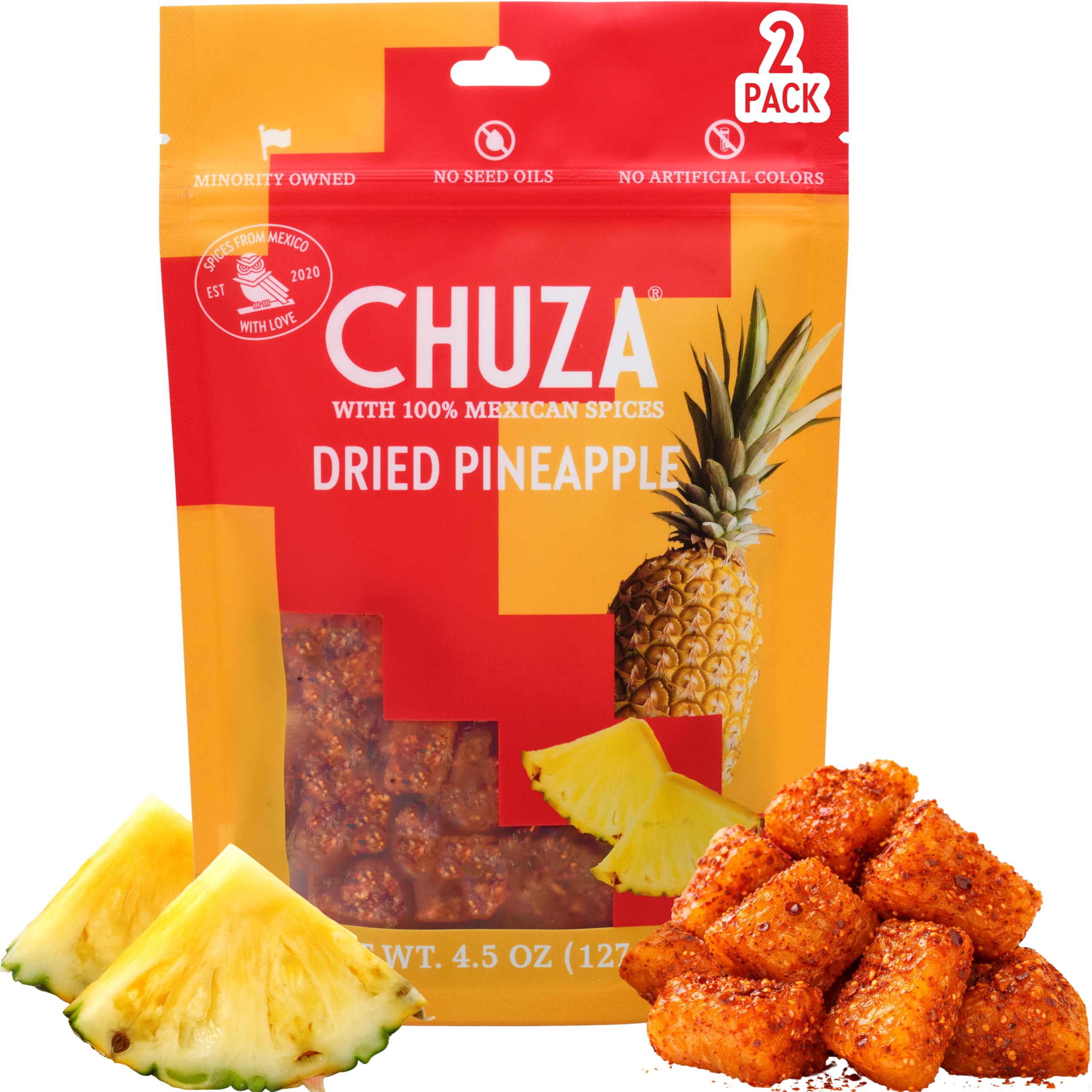 CHUZA Spicy Dried Mango Snacks Bites (4.5 oz. Pack of 2) – Mexican Candy Style Sweet Chili Dried Mango, with Chili Seasoning, Chili Powder, Dried Fruit Snacks, Spicy Snacks