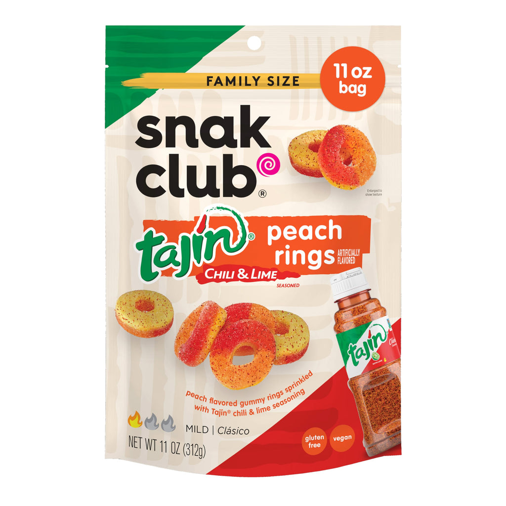 Snak Club Tajin Mango Rings Gummy Candy, Fruit Candy Gummies with Chili and Lime Seasoning, Mild, Gluten-Free and Vegan Snacks, 24 oz Resealable Bag