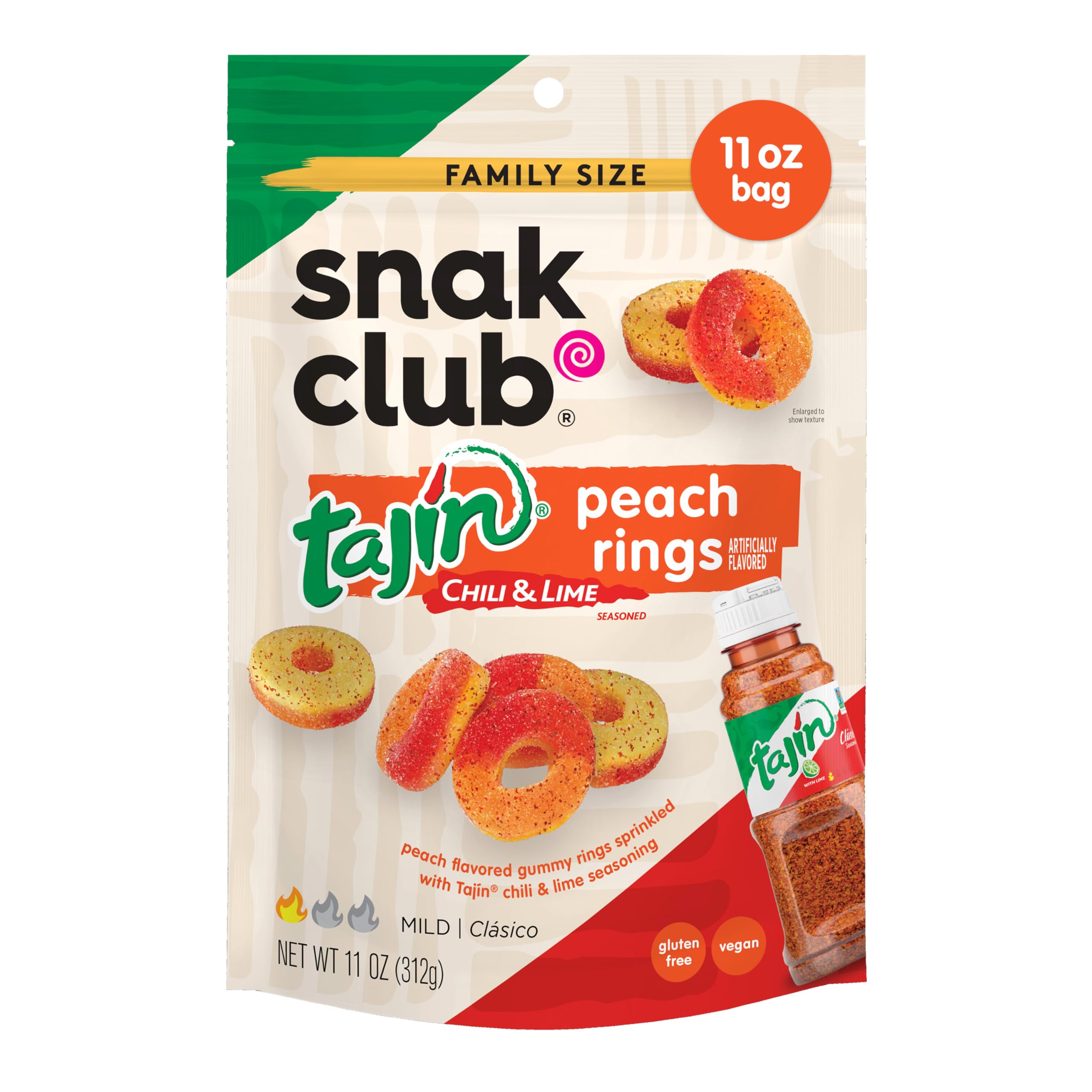 Snak Club Tajin Mango Rings Gummy Candy, Fruit Candy Gummies with Chili and Lime Seasoning, Mild, Gluten-Free and Vegan Snacks, 24 oz Resealable Bag