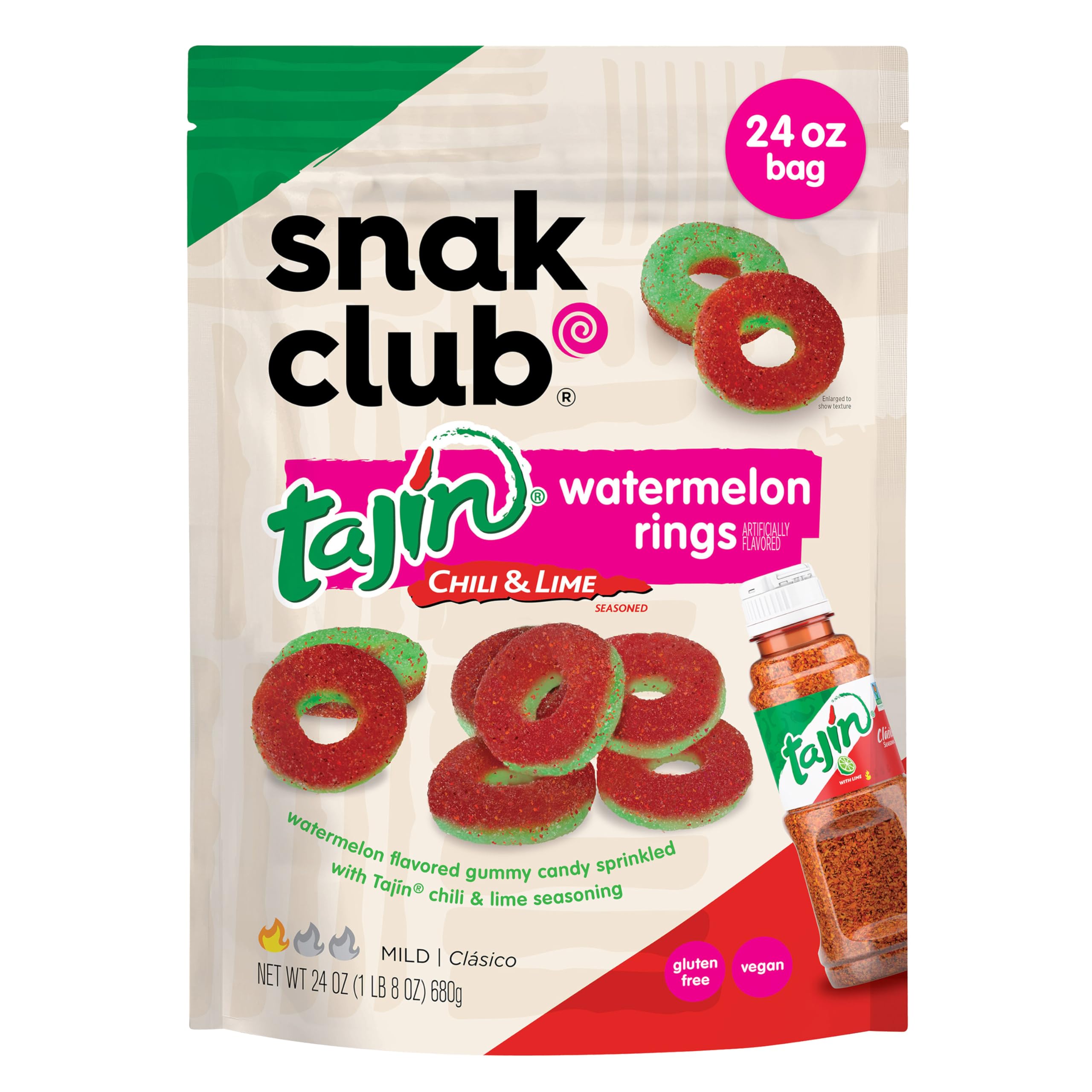 Snak Club Tajin Mango Rings Gummy Candy, Fruit Candy Gummies with Chili and Lime Seasoning, Mild, Gluten-Free and Vegan Snacks, 24 oz Resealable Bag