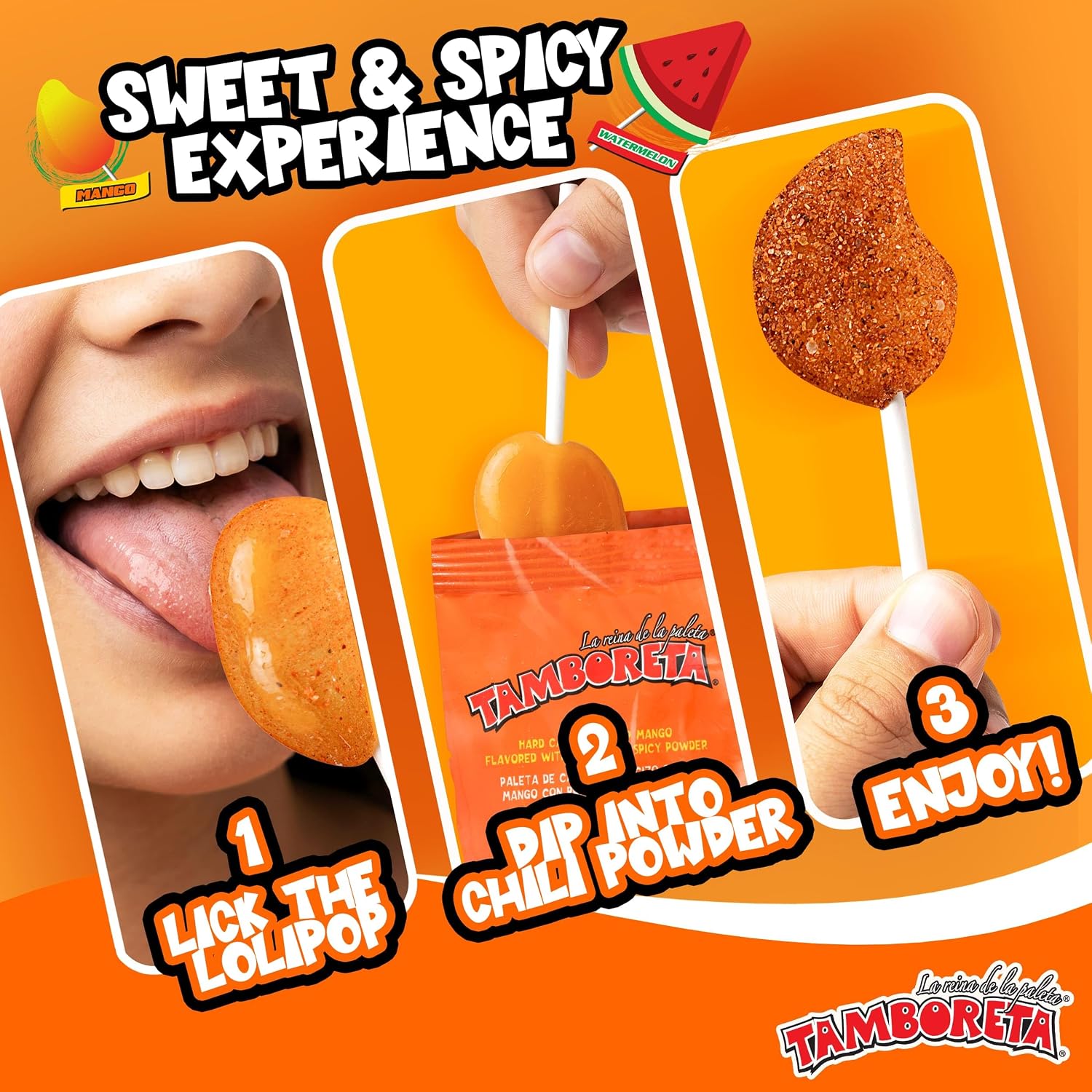 TAMBORETA Mexican Lollipops with Chili Powder 20 Count 11.99 oz (340 g) - Hard Candy Suckers Mango & Watermelon Flavors with Sweet & Spicy Chili Dip, Authentic Mexican Candy
