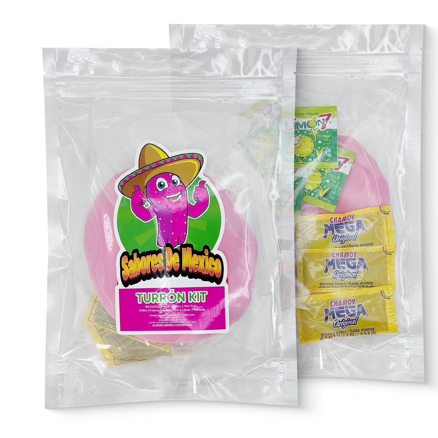 Turron Kit - Includes 4oz Turron, 2 Mini To Go Chil Powder, 3 Chamoy Packets, and 4 Limon7, Mexican Candy, Dulces Mexicanos, Sweet, Spicy, Turrón Rosa, Nougat, Viral on TikTok