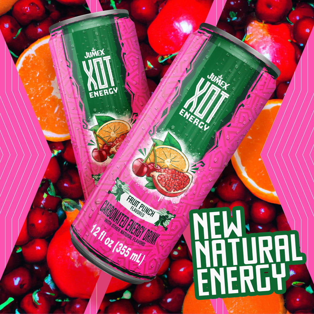 Jumex XOT Energy Drink - Fruit Punch - Natural Caffeine from Mexican Coffee Beans - Carbonated Preworkout with Vitamin B2, B3, B5, B12 - Mexican Drinks - Bebidas Energéticas - 12 Fl oz, 12 Pack Cans