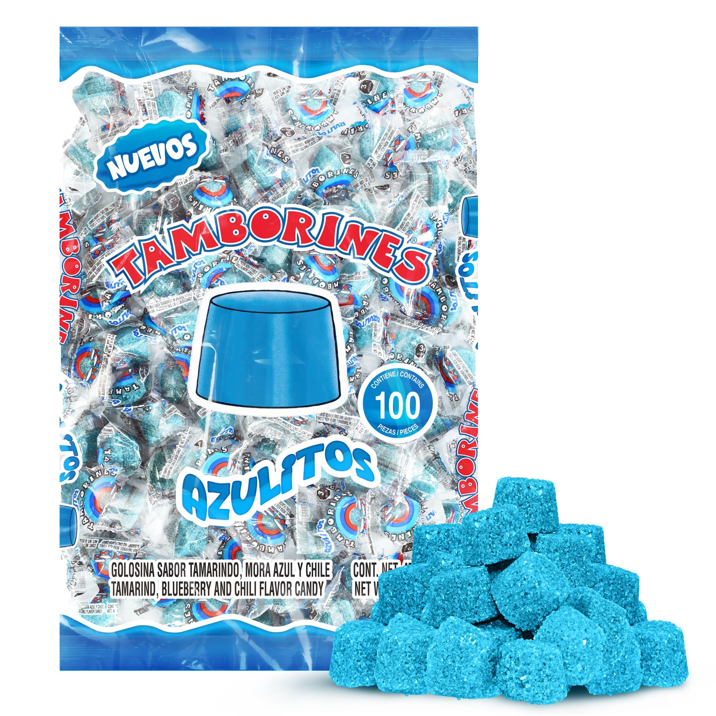 Tamborines Azulitos – Sweet & Spicy Tamarind Candy with Blue Berry Flavor, Individually Wrapped, 100 Pieces – Mexican Bulk Candy