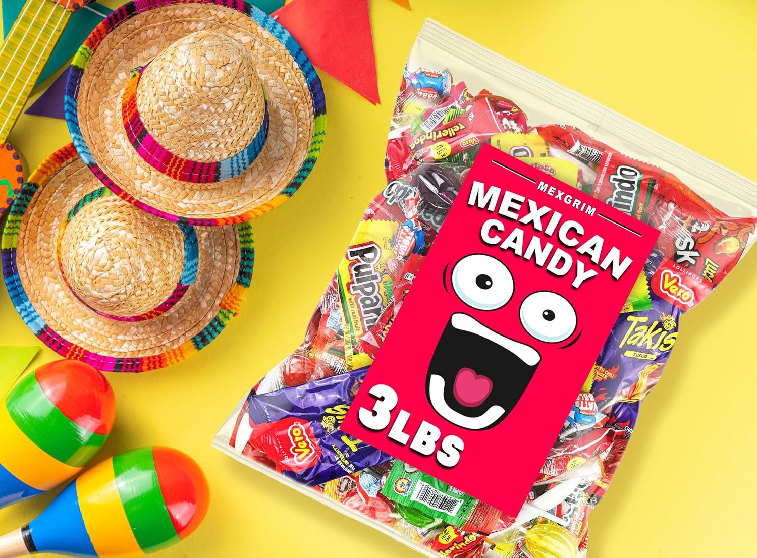 Mexgrim Mexican Candy Variety Pack, 3lbs Bulk Mixed Bag Of Dulces Mexicanos, Includes Lollipops, Pulparind, Assorted Sweet, Spicy, Chamoy, Tamarind, Hispanic Candy Mix For Fiesta & Christmas Party