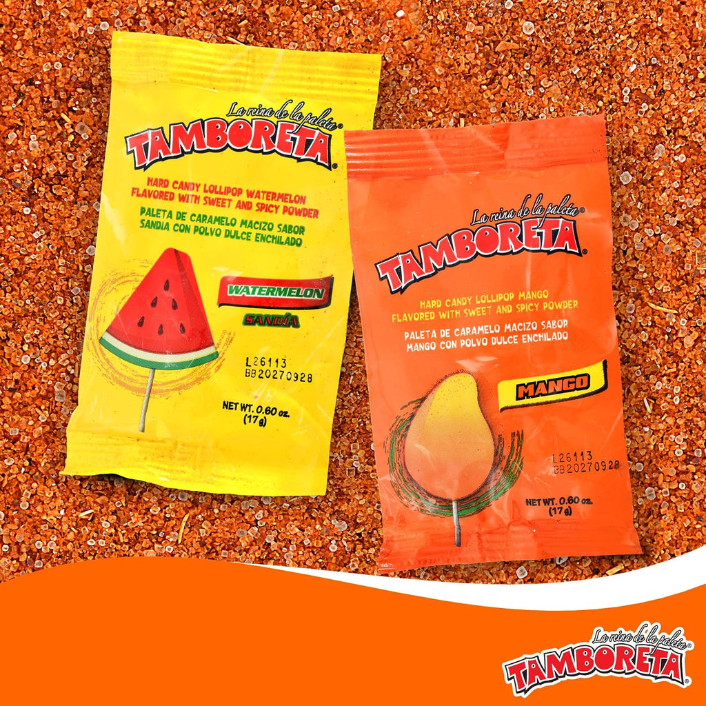 TAMBORETA Mexican Lollipops with Chili Powder 20 Count 11.99 oz (340 g) - Hard Candy Suckers Mango & Watermelon Flavors with Sweet & Spicy Chili Dip, Authentic Mexican Candy