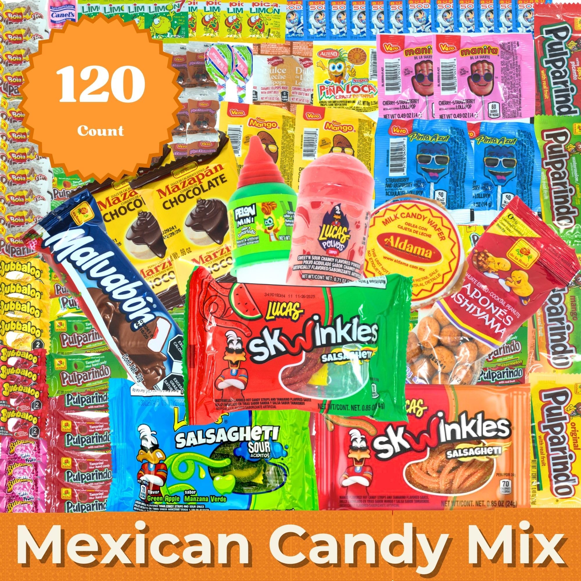 Mexican Candy Variety Pack (120 Count) Dulces Mexicanos, Tamarind Candy, with Pulparindo, Vero Lollipops, Lucas, De La Rosa, Mazapan, Mexican Snacks, Bulk Pinata, Fiesta