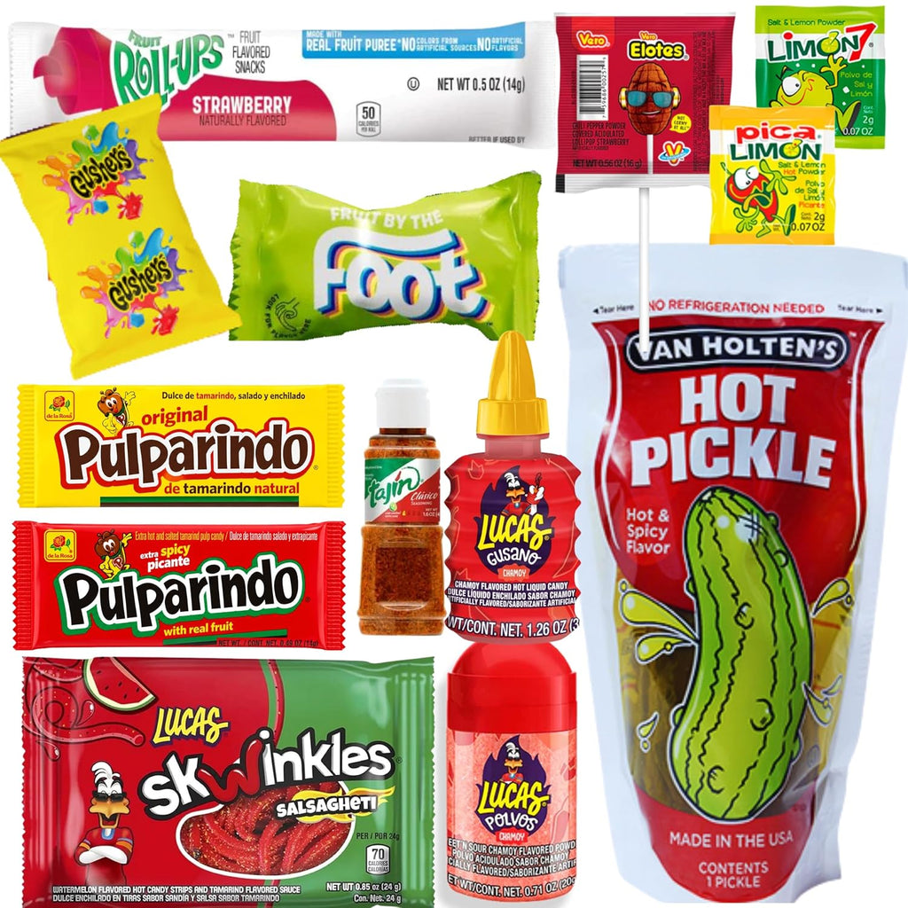 The Full Tiktok Hot & Spicy Pickle Kit With Candy; Chamoy Pickle Kit-Inspired, Includes Fruit-Rollup, Lucas Gusano & Salsagheti & More Mexican Candy by Ma Lit Candy (1 Hot & Spicy Pickle Kit)