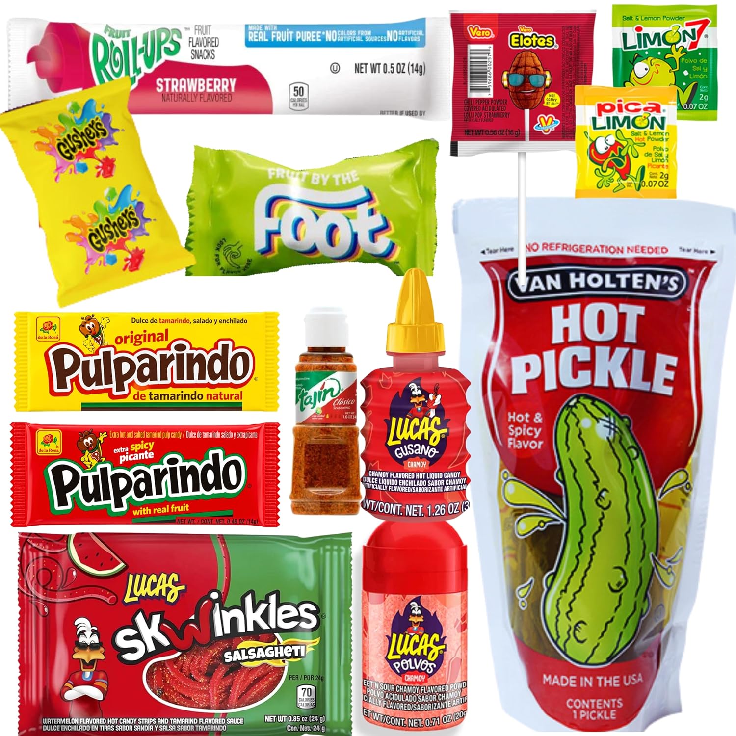 The Full Tiktok Hot & Spicy Pickle Kit With Candy; Chamoy Pickle Kit-Inspired, Includes Fruit-Rollup, Lucas Gusano & Salsagheti & More Mexican Candy by Ma Lit Candy (1 Hot & Spicy Pickle Kit)