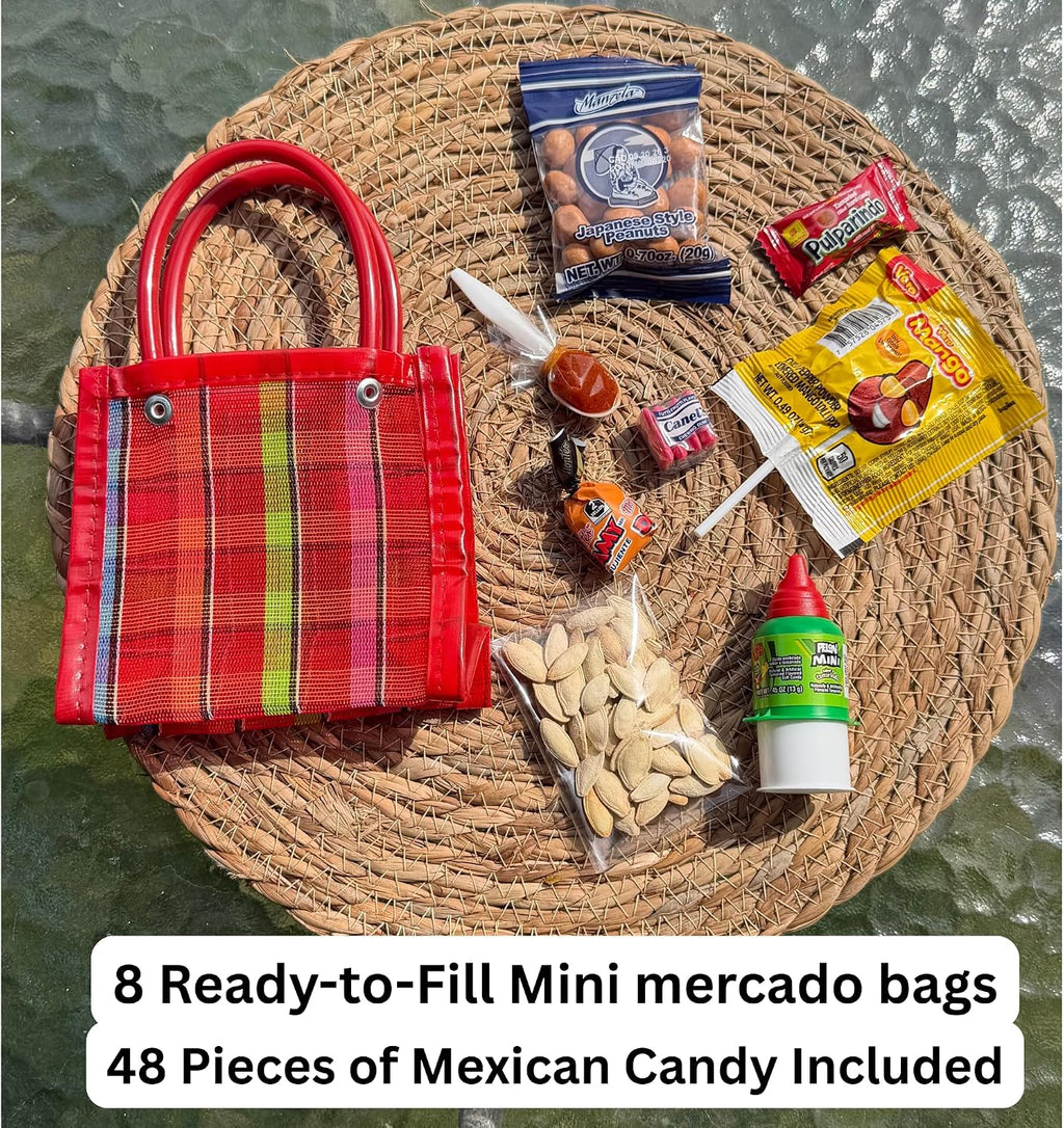 Mini Mercado Bags & Mexican Candy Kit – 8 Mercado Bags & 48 Pieces of Dulces Mexicanos, Dulceros 4" inch Fiesta Party Favors, Bolos, Candy Variety Pack Favor Kit for Birthdays, Bautizos, Candy Mix