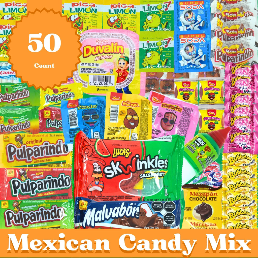 Mexican Candy Variety Pack (50 Count) Dulces Mexicanos, Tamarind Candy, with Lucas, Skwinkles, Pulparindo, Mazapan, Duvalin, Pelon Pelo Rico, Vero Lollipops, Mexican Snacks, Fiesta Birthdays