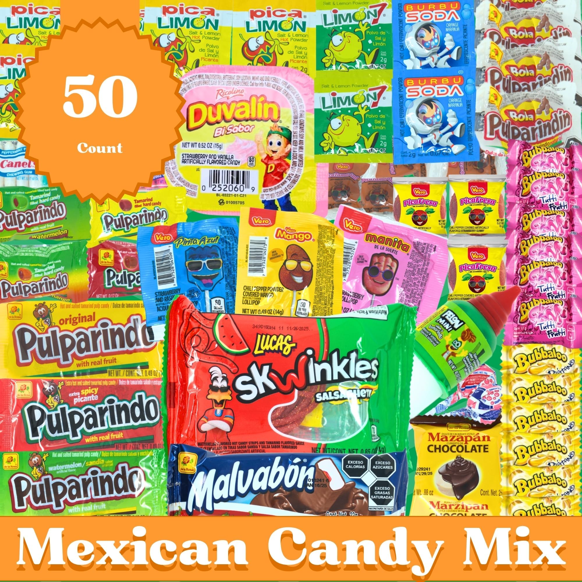 Mexican Candy Variety Pack (50 Count) Dulces Mexicanos, Tamarind Candy, with Lucas, Skwinkles, Pulparindo, Mazapan, Duvalin, Pelon Pelo Rico, Vero Lollipops, Mexican Snacks, Fiesta Birthdays