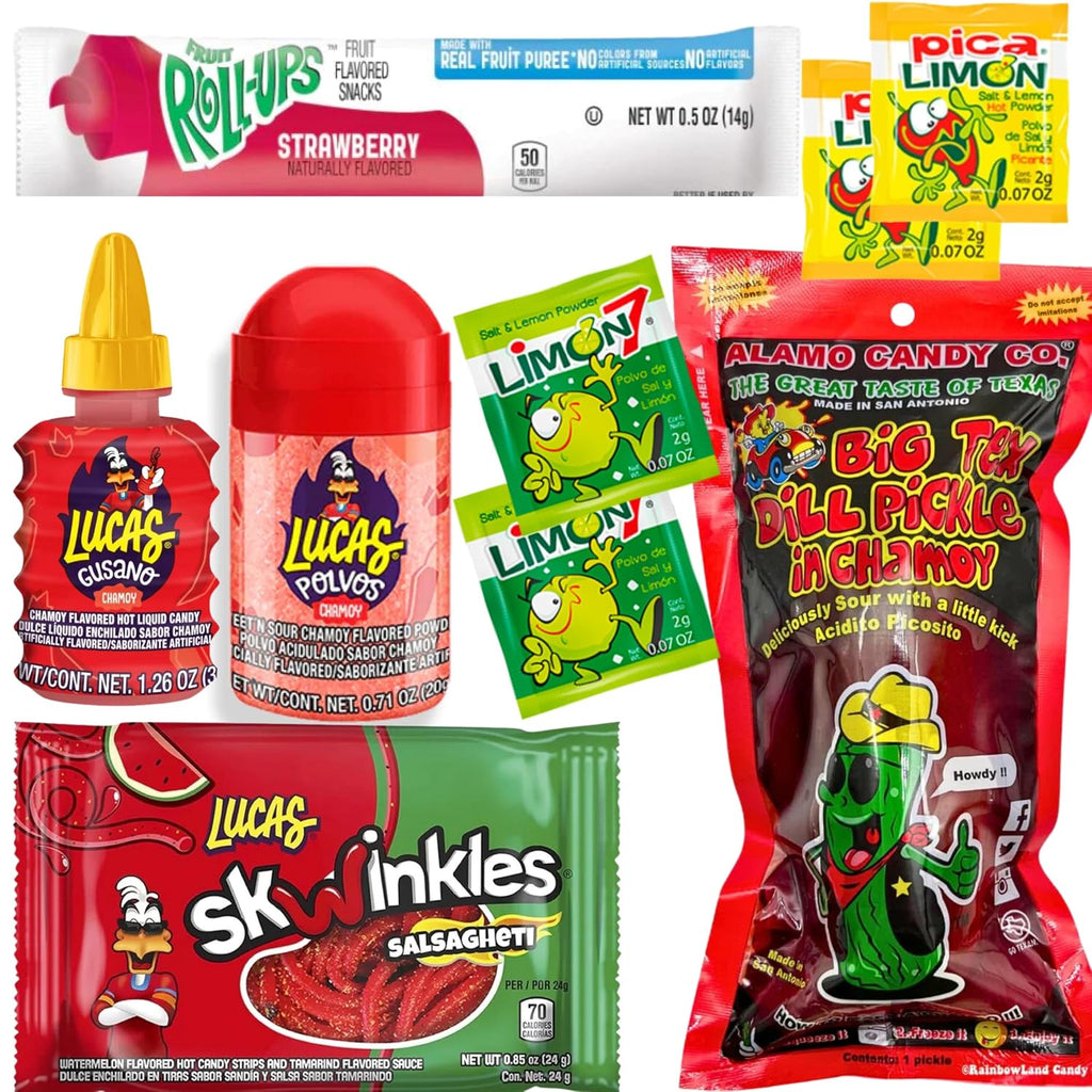 Tiktok Chamoy Pickle Kit With Fruit-Roll-up & Mexican Candy - Includes Lucas Gusano, Skwinkles Salsagheti & More - Snack Gift Box by Ma Lit Candy (Big Tex Chamoy Pickle)