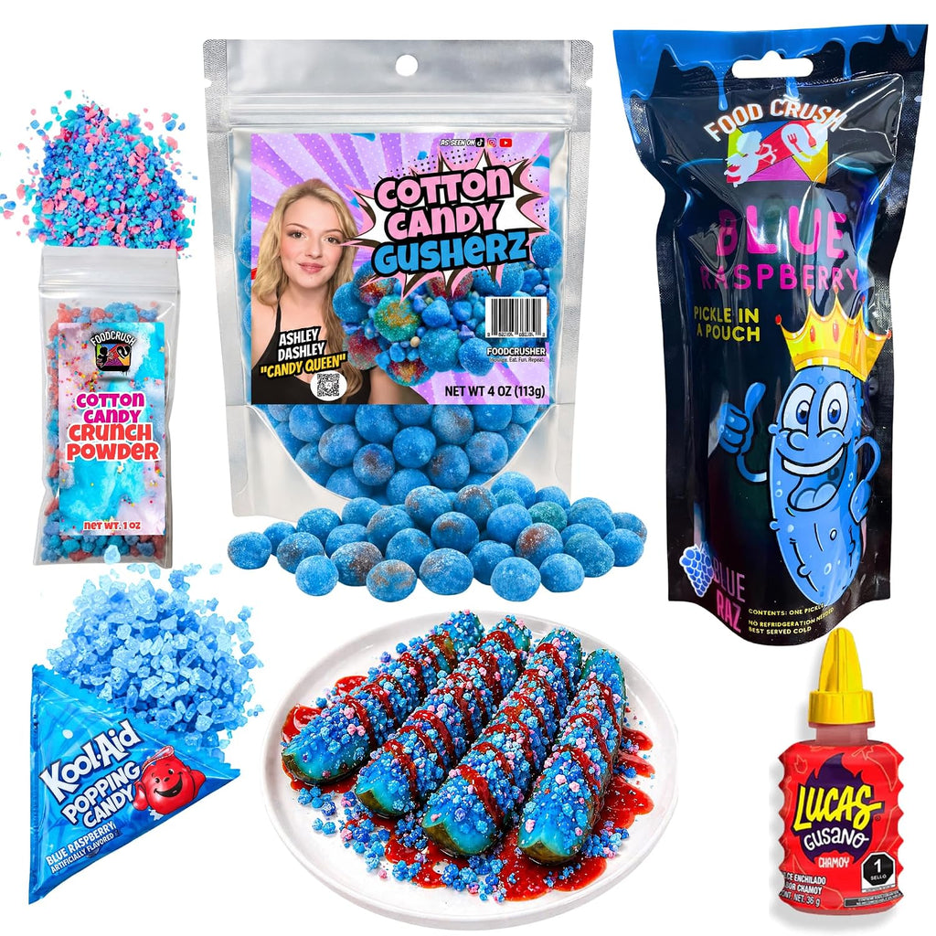 Popping Crunch Pickle Kit - Cotton Candy Crunch + Kool-aid Popping Candy + Food Crush Blue Raspberry Pickles + Ashley Dashley coated candy bursts + Lucas Chamoy Sauce