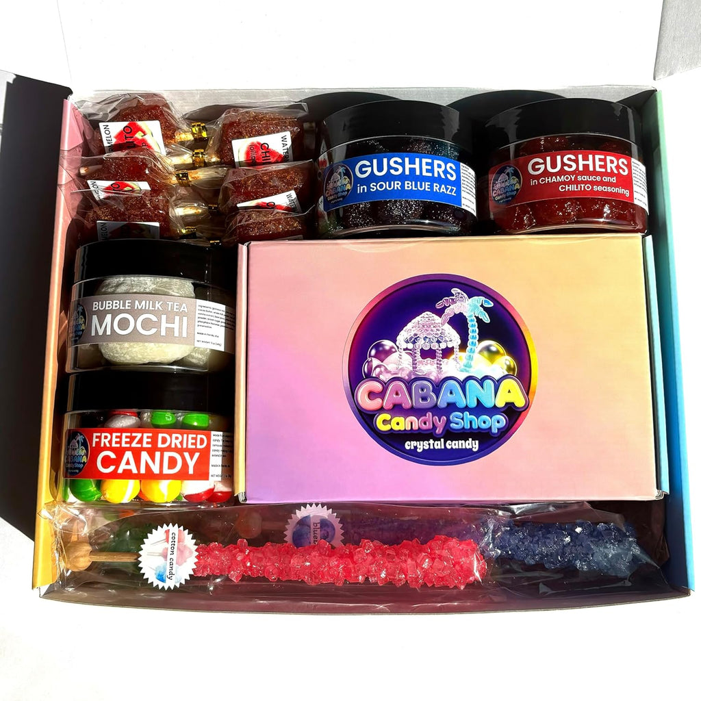 Viral Candy Variety Box | TikTok Viral Candy Kit | Crystal Candy | Cabana Candy Shop Kohakutou Gemstone Candy | Sour Gushers in Chamoy | Candy Gift Box
