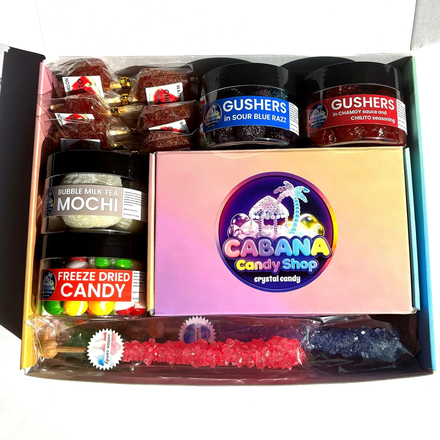 Viral Candy Variety Box | TikTok Viral Candy Kit | Crystal Candy | Cabana Candy Shop Kohakutou Gemstone Candy | Sour Gushers in Chamoy | Candy Gift Box
