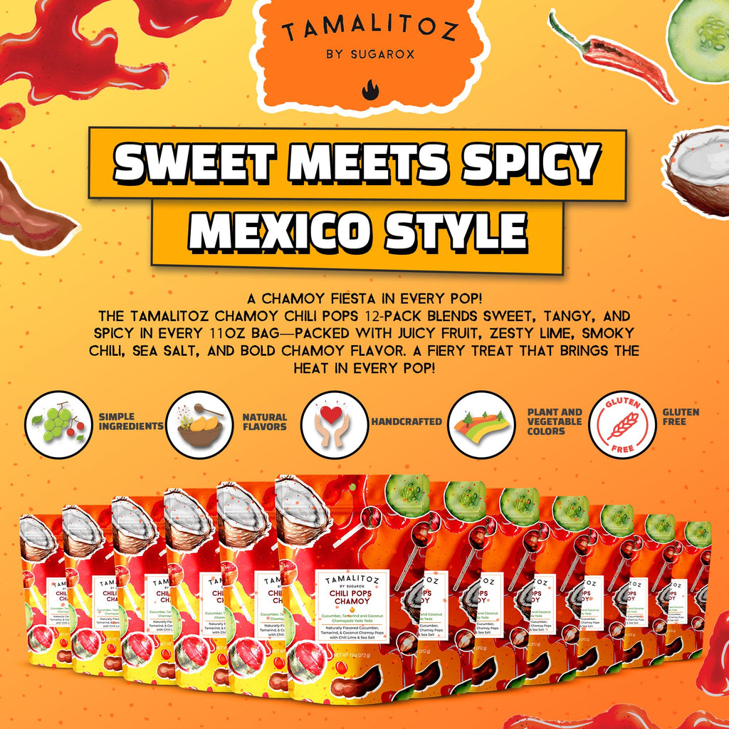 Tamalitoz Chili Pops Chamoy Spicy Mexican Lollipops with Chili, Lime, Sea Salt, Coconut, Tamarind & Cucumber Flavors Fruity Handcrafted Candy, Gluten-Free, Kosher, 2 Bags, (11oz)