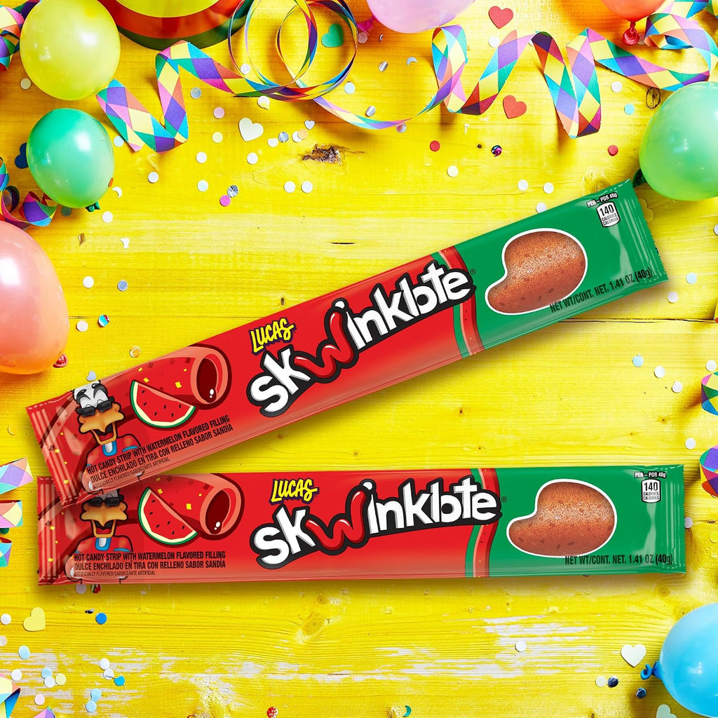 Lucas Skwinklote Watermelon Flavor Sweet and Sour Candy Strip, 1.41oz - 6 Pieces Pack for Treats, Snack, Parties, Piñatas