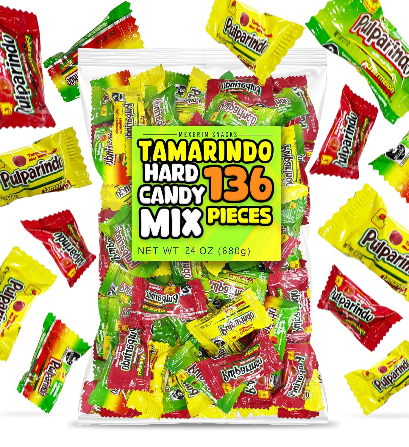 Mexgrim Mexican Hard Candy Variety Bulk Pack with 136 Tamarindo Hardcandy, Dulces Mexicanos, Individually Wrapped Candies, Piñata Candy, Mix Flavors: Mango, Tamarind, Watermelon & Spicy Chamoy