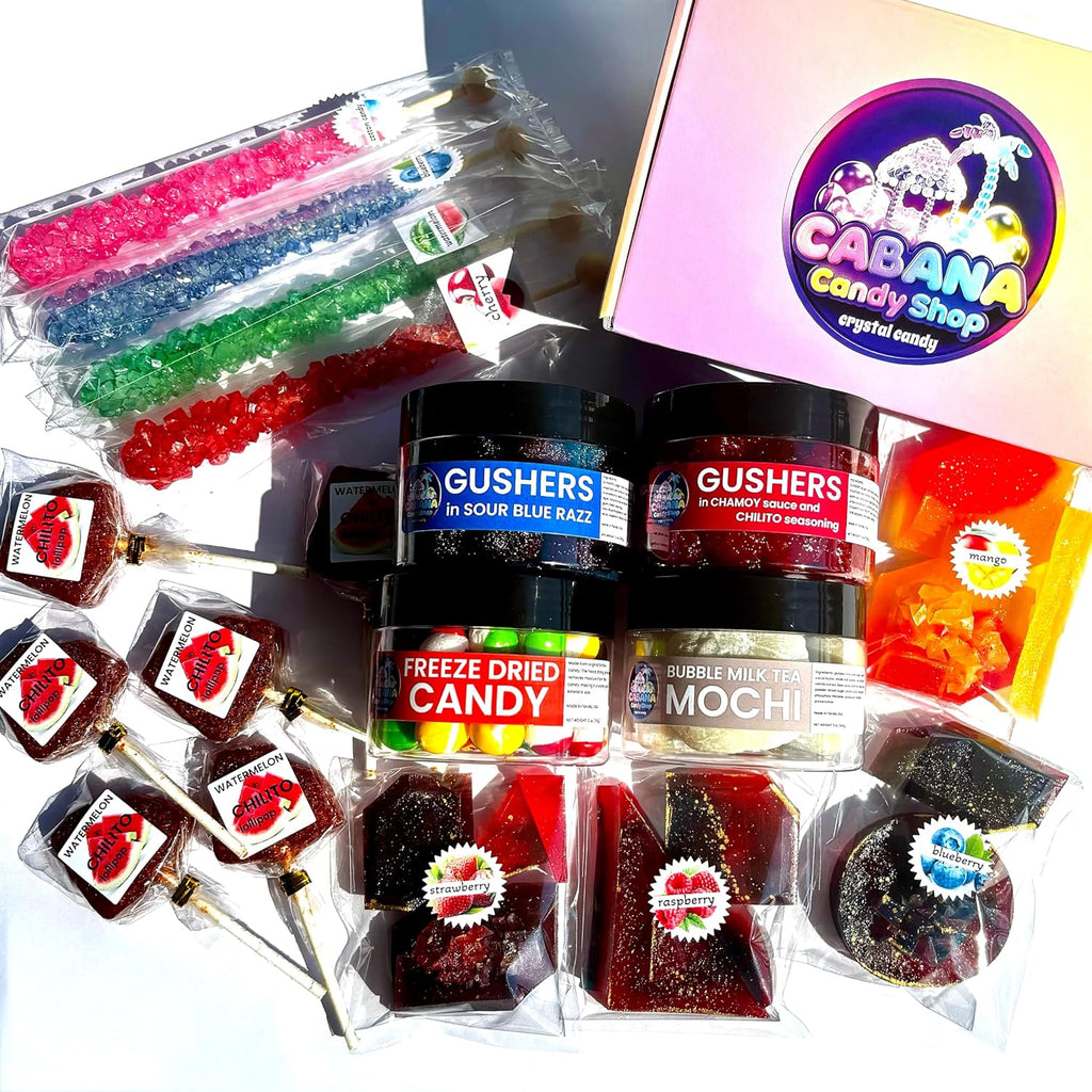Viral Candy Variety Box | TikTok Viral Candy Kit | Crystal Candy | Cabana Candy Shop Kohakutou Gemstone Candy | Sour Gushers in Chamoy | Candy Gift Box