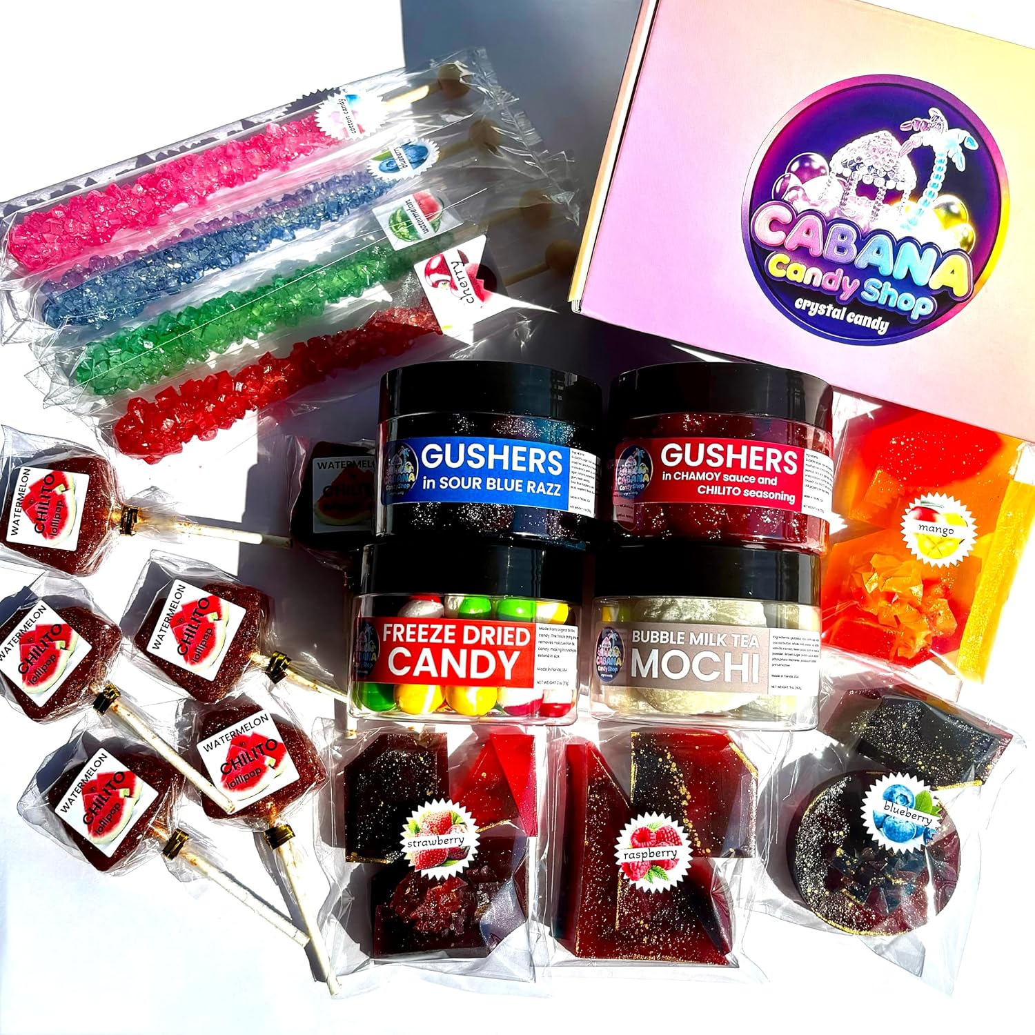 Viral Candy Variety Box | TikTok Viral Candy Kit | Crystal Candy | Cabana Candy Shop Kohakutou Gemstone Candy | Sour Gushers in Chamoy | Candy Gift Box