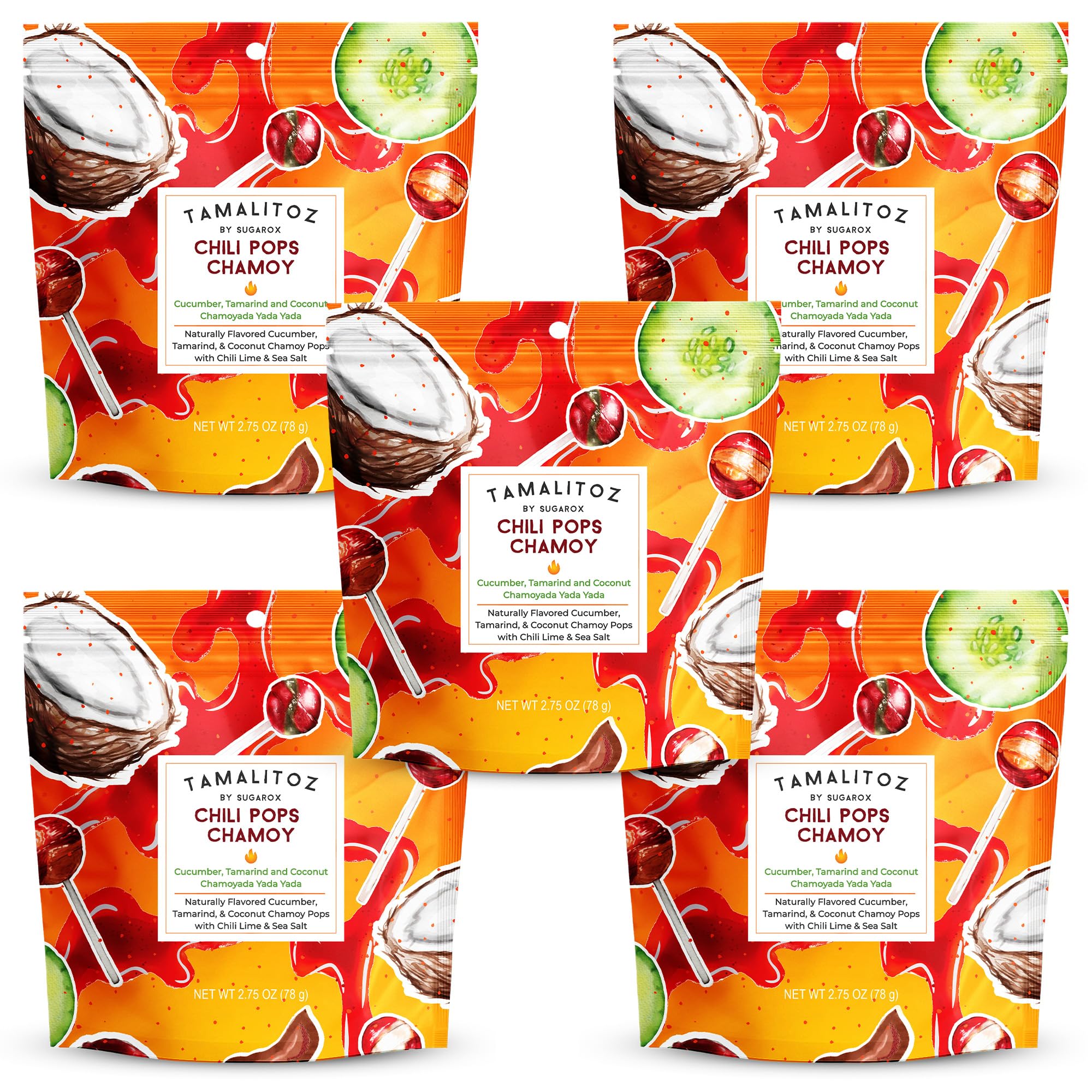 Tamalitoz Chili Pops Chamoy Spicy Mexican Lollipops with Chili, Lime, Sea Salt, Coconut, Tamarind & Cucumber Flavors Fruity Handcrafted Candy, Gluten-Free, Kosher, 2 Bags, (11oz)