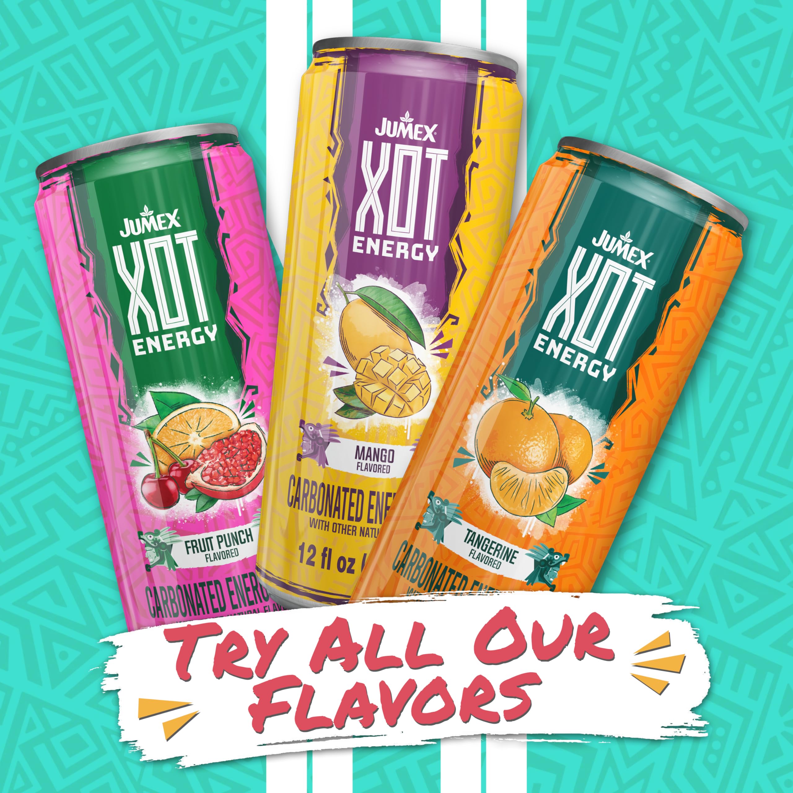 Jumex XOT Energy Drink - Fruit Punch - Natural Caffeine from Mexican Coffee Beans - Carbonated Preworkout with Vitamin B2, B3, B5, B12 - Mexican Drinks - Bebidas Energéticas - 12 Fl oz, 12 Pack Cans