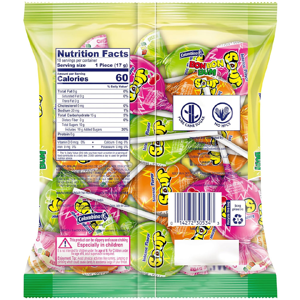 Colombina Bon Bon Bum Intense Sour Lollipops, Assorted Sour Fruit Flavors with Bubble Gum Center, Individually Wrapped, 6 oz (Pack of 1)