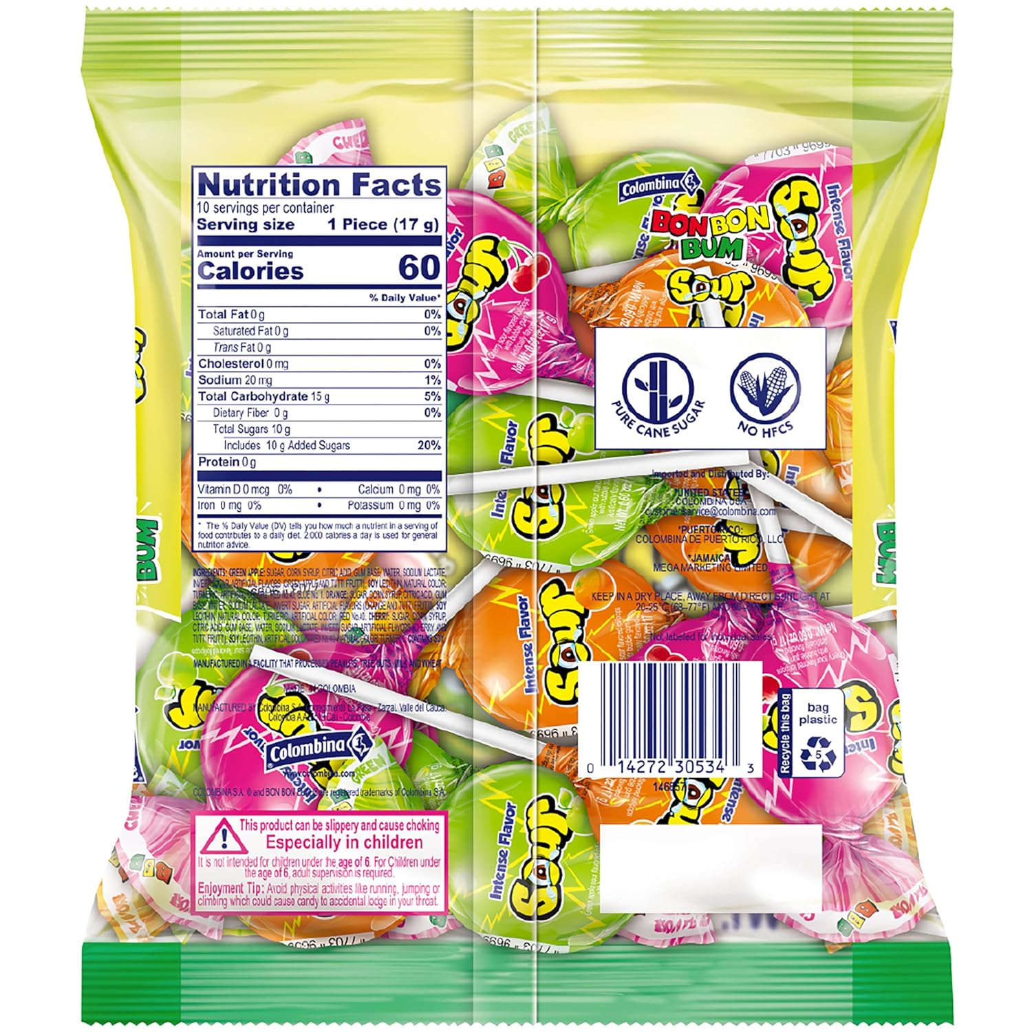 Colombina Bon Bon Bum Intense Sour Lollipops, Assorted Sour Fruit Flavors with Bubble Gum Center, Individually Wrapped, 6 oz (Pack of 1)