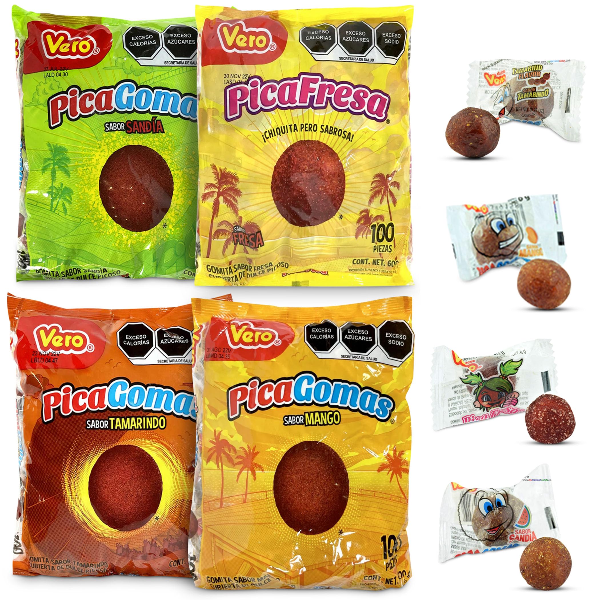 Vero Pica Fresa Pica Goma Mix 200 Pcs - Includes Pica Fresa, Pica Goma Tamarindo, Pica Goma Sandia, Pica Goma Mango Mexican Candy (200)