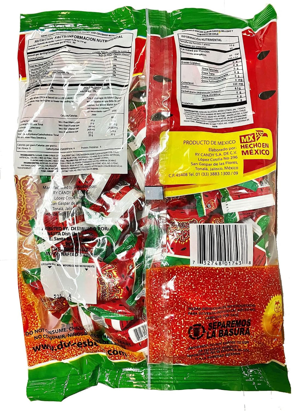 BENY LOCOCHAS REVOLCADAS WATERMELON FLAVOR CHILI COATED HARD CANDY 1LB 3.37OZ. 55 COUNT BAG