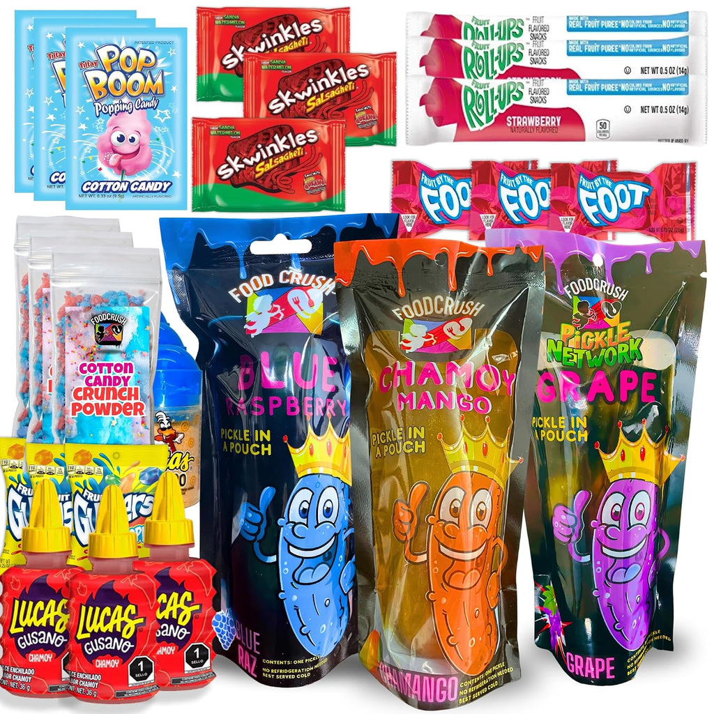 Chamoy Pickle Kit + Blue + Grape Pickles (Triple Kit-27 Pieces) with Cotton Candy Crunch Powder, Pop Rocks, Mexican Candy: Lucas Gusano Chamoy sauce, skwinkles, Fruit Roll Ups