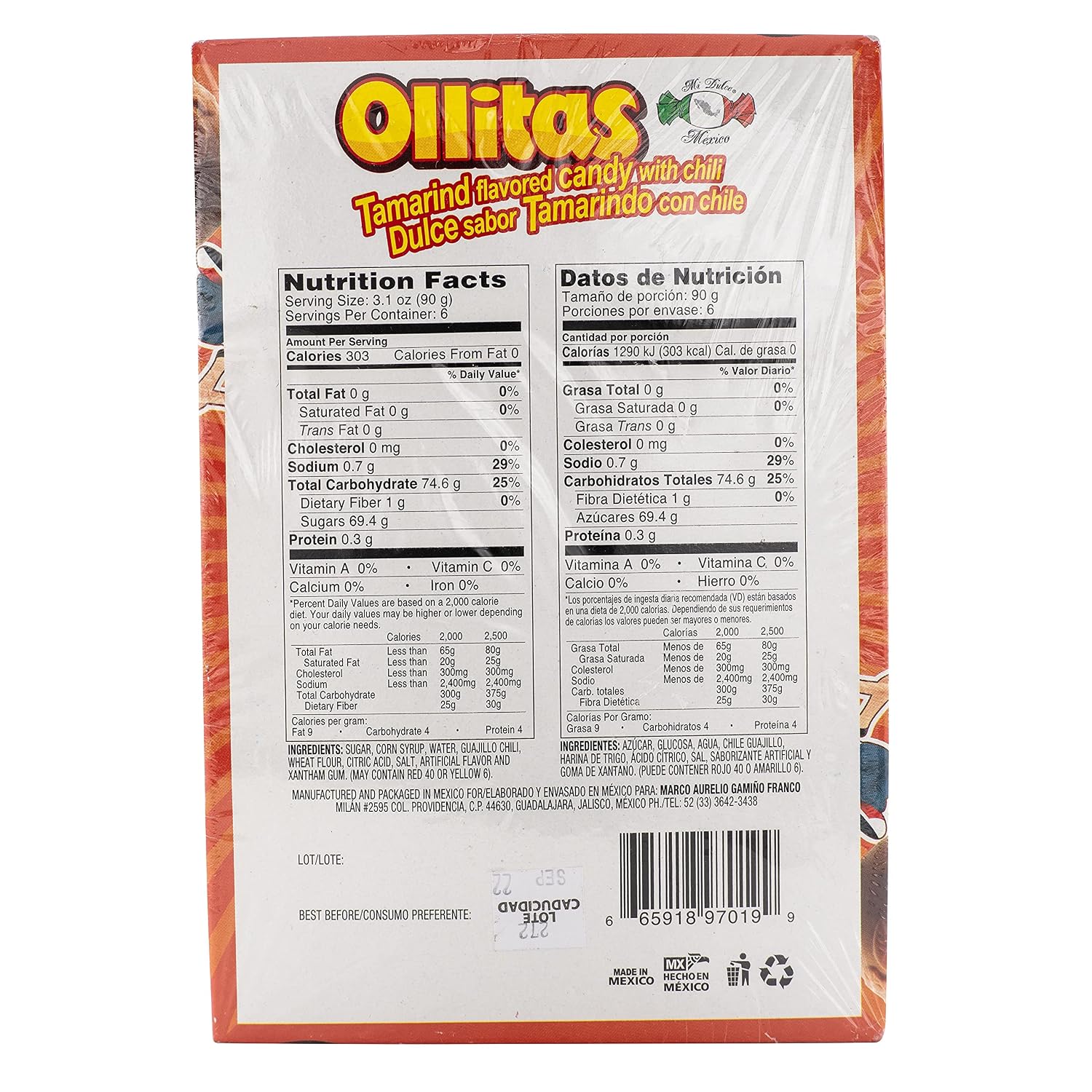 MDM OLLITAS Soft Tamarind flavored candy w/chili in plastic pot 6ct 1b 3.04oz (540g)