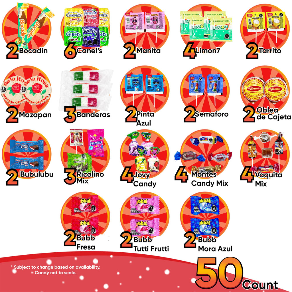 Mexican Candy Variety Pack (50 Count) Dulces Mexicanos, Mexican Snacks, with Vero Lollipops, Lucas Candy, Pulparindo Tamarindo, Mazapan, Spicy Dulce Mexico Assorted Mix, by Sabores de Mexico